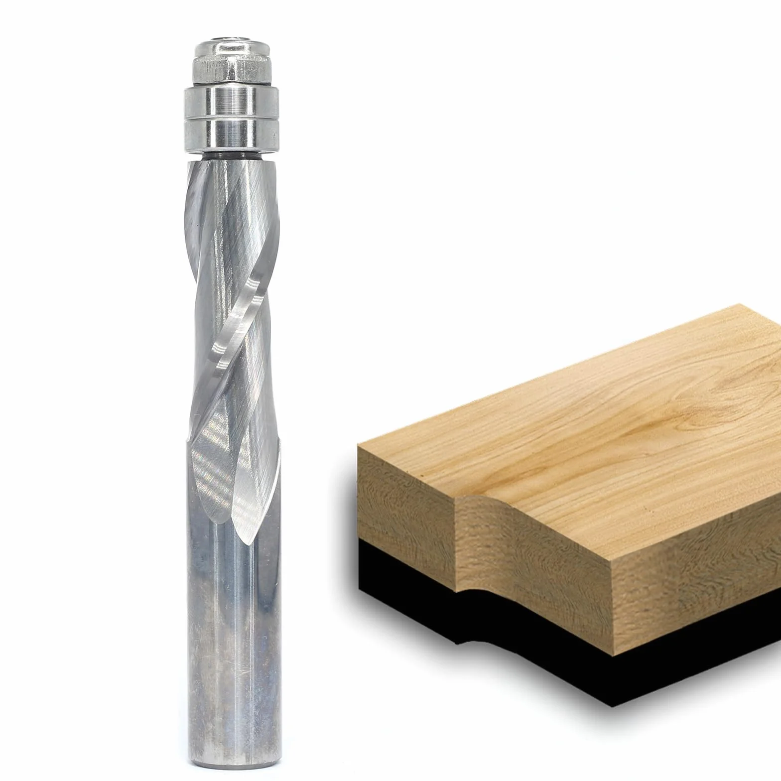 Fresa de enrasado en espiral, fresa en espiral de 12 mm, metal duro completo/VHM CNC Fresa superior con doble rodamiento de bolas, fresa a ras para cortar (Up-Cut 32 mm de longitud de