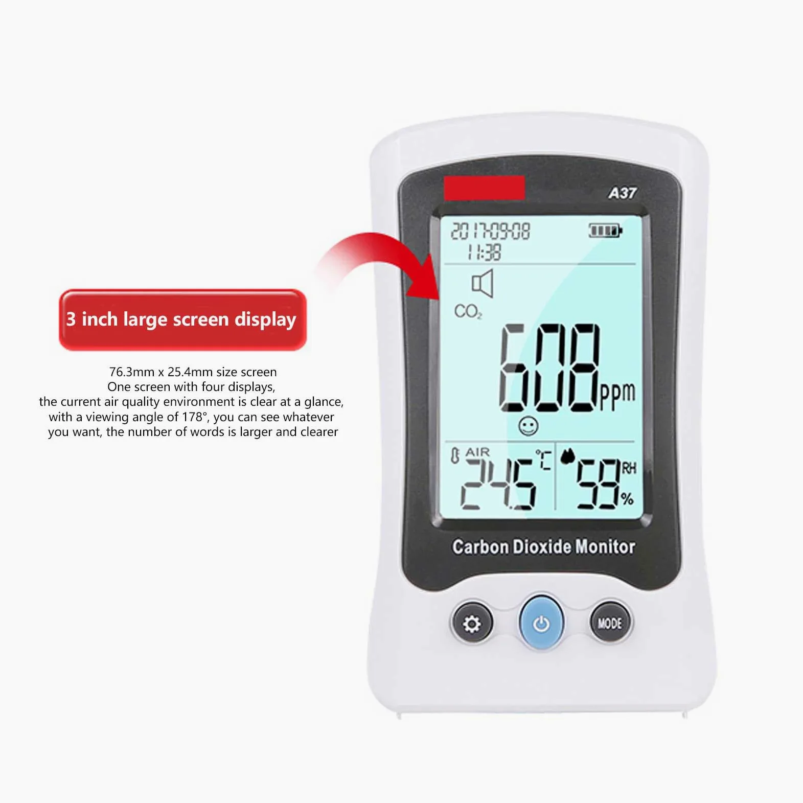 A37 Detector de Dióxido de Carbono Monitor de CO2 con Sensor NDIR 400 a 5000 Ppm Pantalla LCD Alarma de Temperatura y Humedad para el Laboratorio de Invernadero de Oficina en Casa