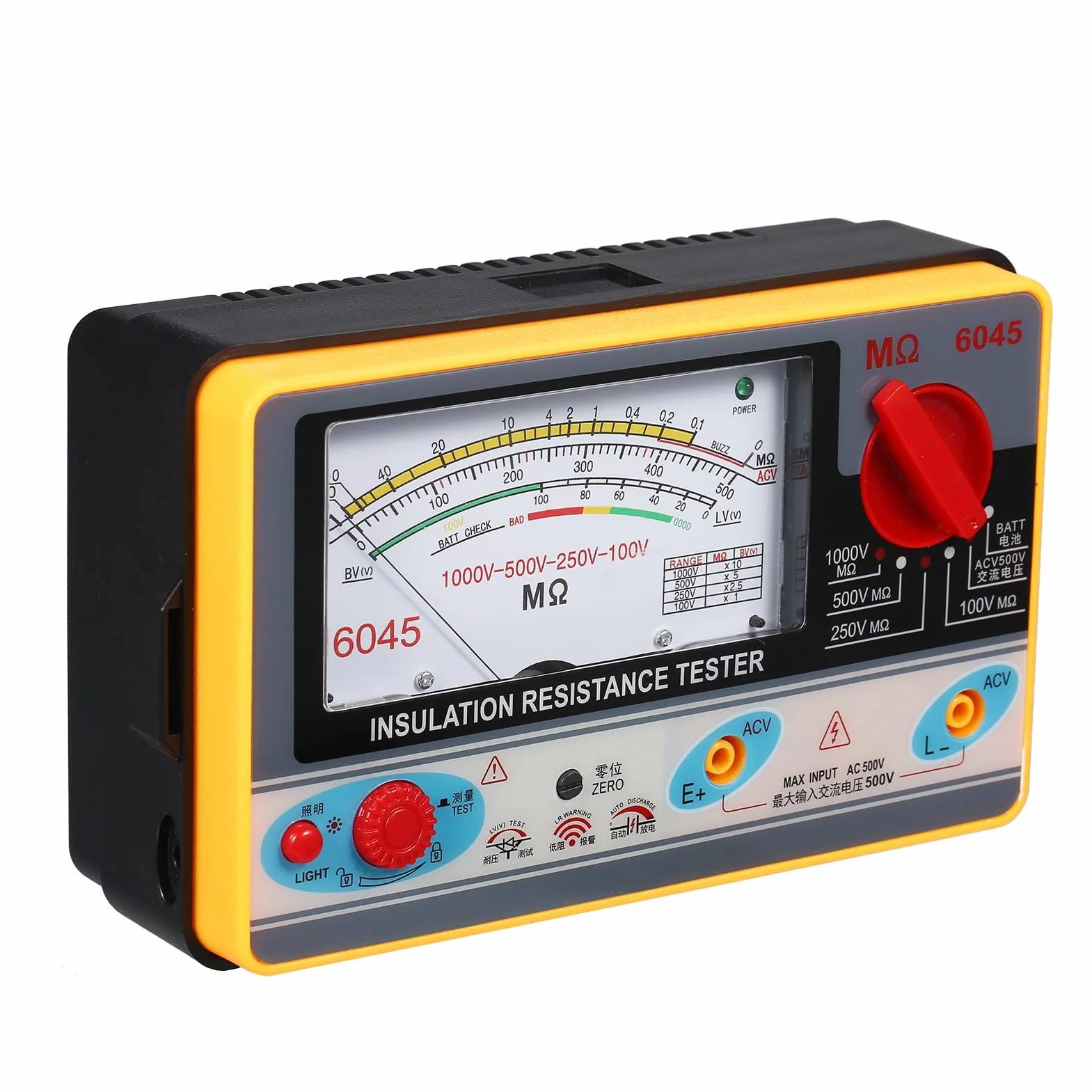 Medidor de resistencia de aislamiento Ohmímetro digital Megger Probador de aislamiento portátil Megámetro 0-2000MΩ 100V / 250V / 500V / 1000V Instrumento de medición de aislamiento de megaohmímetro de