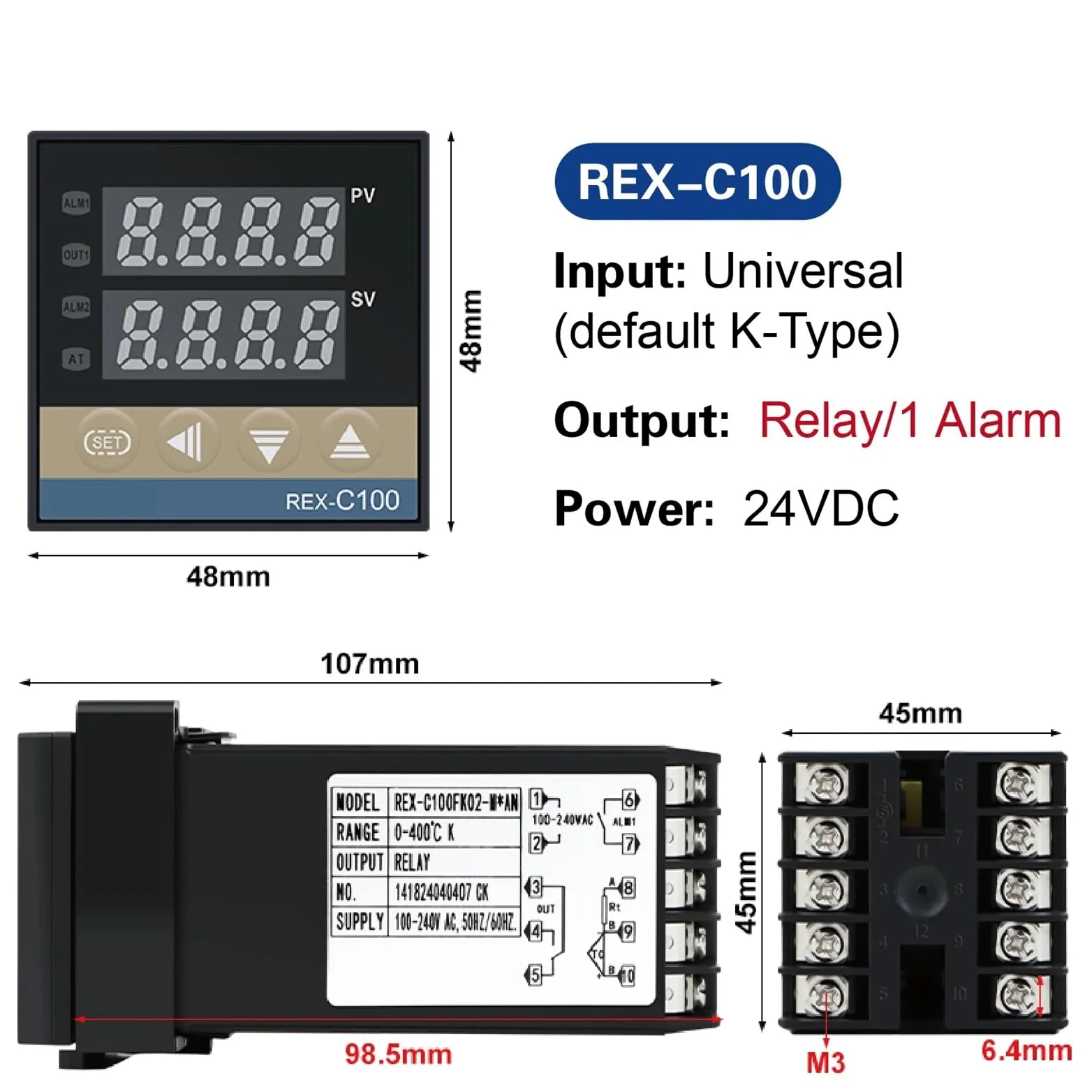 Controlador de temperatura PID digital REX-C100, salida de relé de estado sólido, instrumento de termostato industrial(Blue)