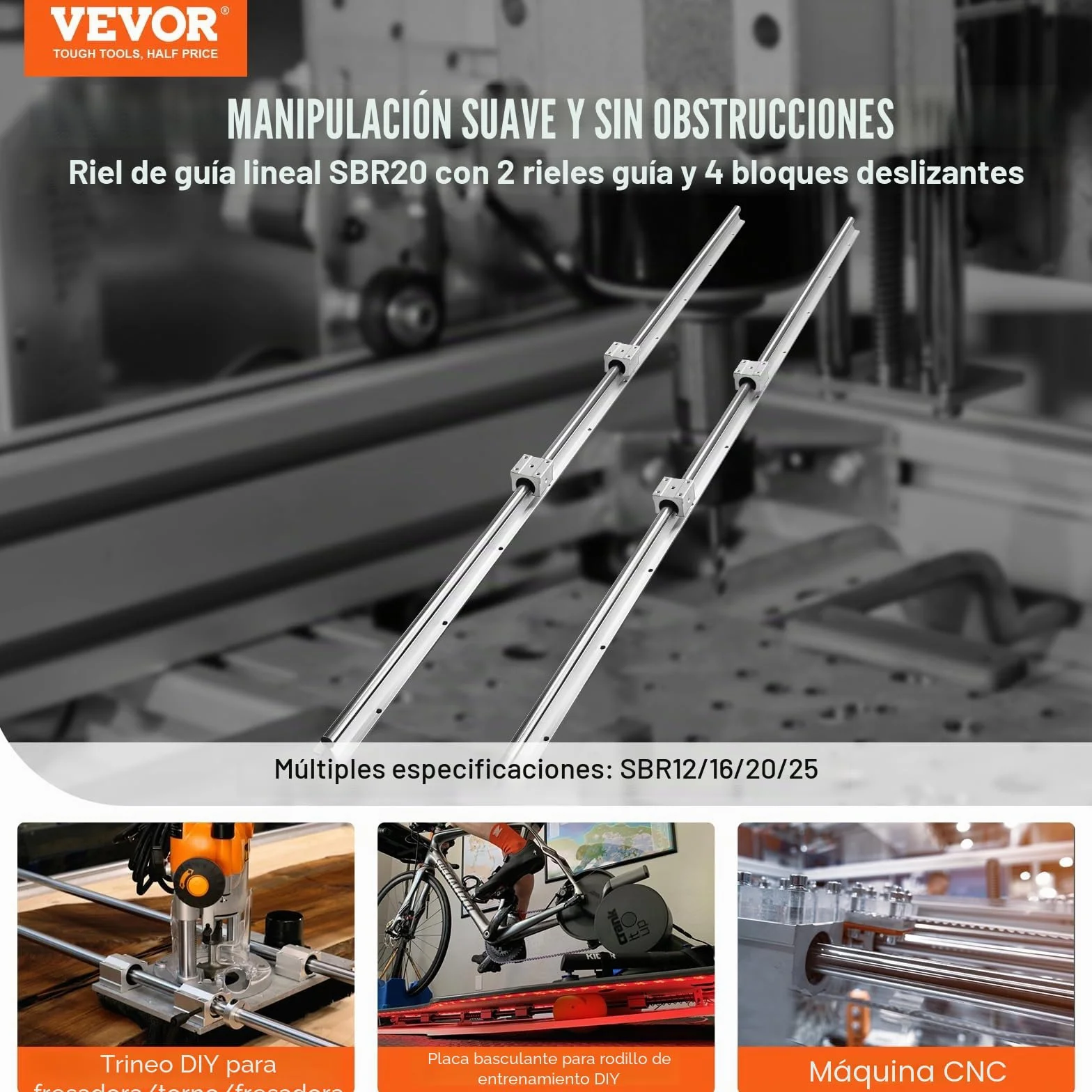 VEVOR Riel de guía lineal SBR20 1500 mm 2 rieles 4 bloques SBR20UU Kit deslizadores CNC