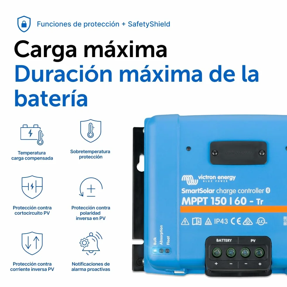 Victron Energy SmartSolar MPPT TR 150V 60 amperios 12/24/36/48-Voltios Controlador de Carga Solar (Bluetooth)