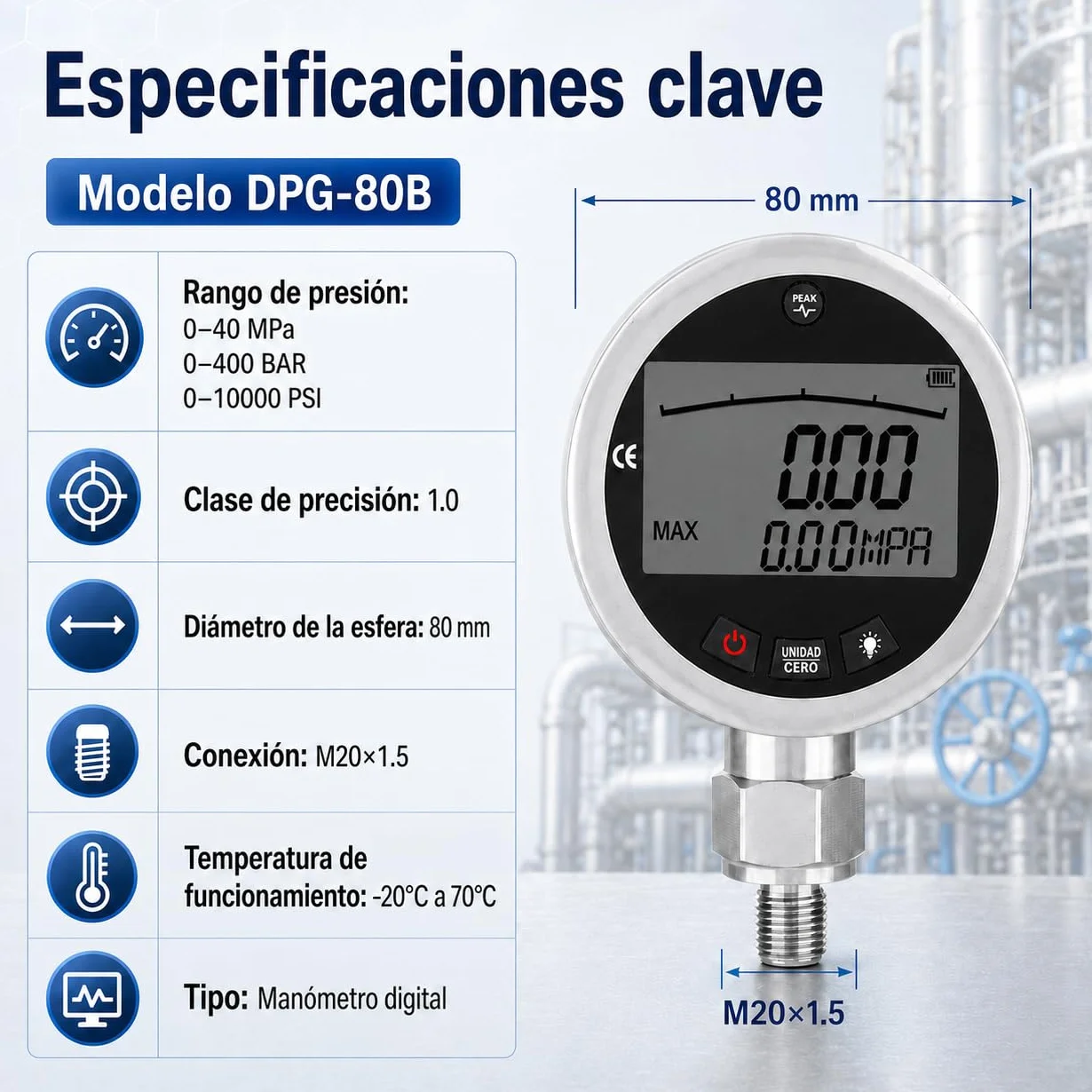 Manómetro Digital Hidráulico, Manómetro de acero inoxidable con Pantalla LCD Iluminada para medir agua, gas, aceite, 400 bar, 0-40 MPa, 10000 PSI con conector G1/4