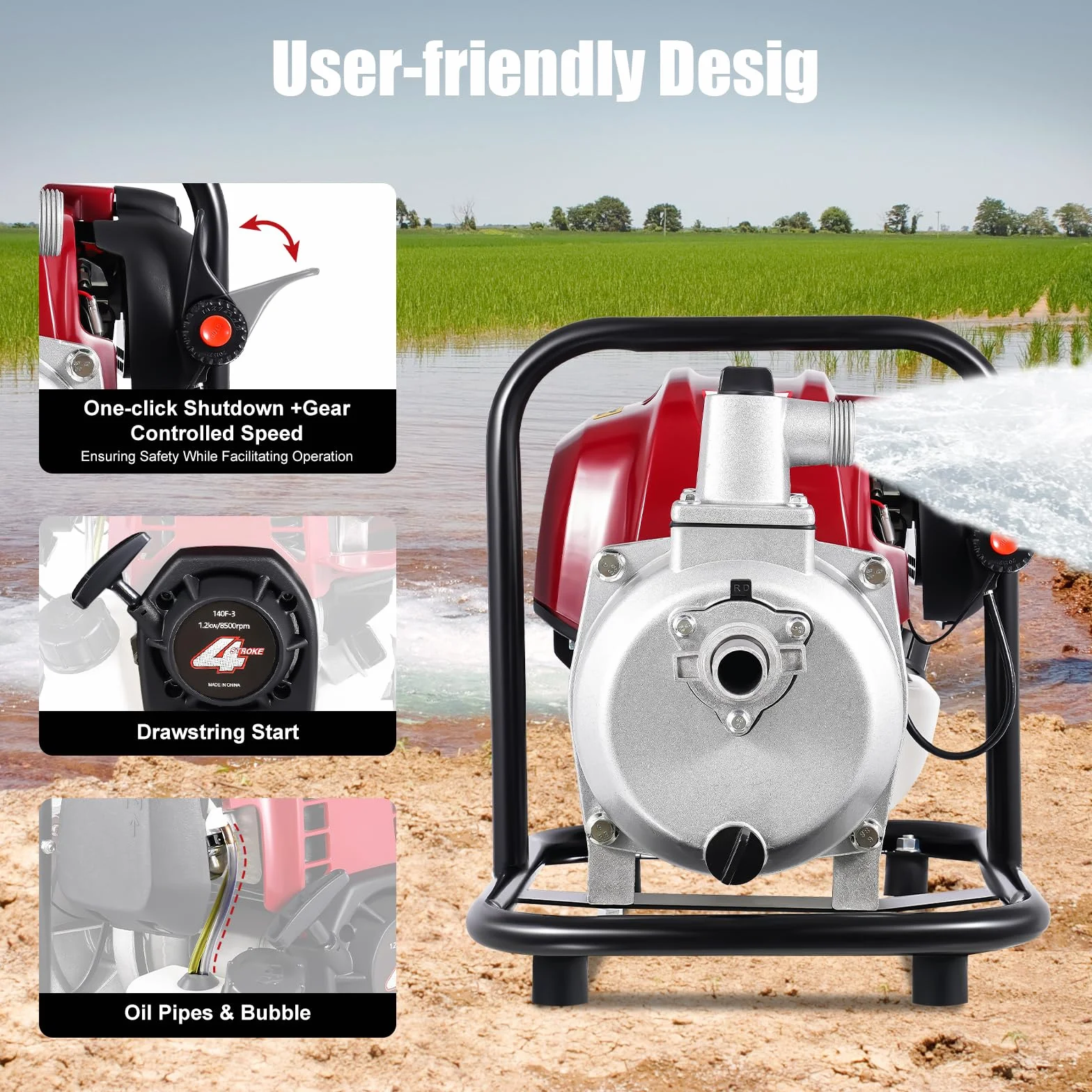 Bomba de agua de gasolina de 4 tiempos, 1200 W, 8500 rpm, gasolina 8000 l/h, caudal de motor, bomba de 30 m, altura de extracción, bomba de jardín, depósito de combustible 650 ml