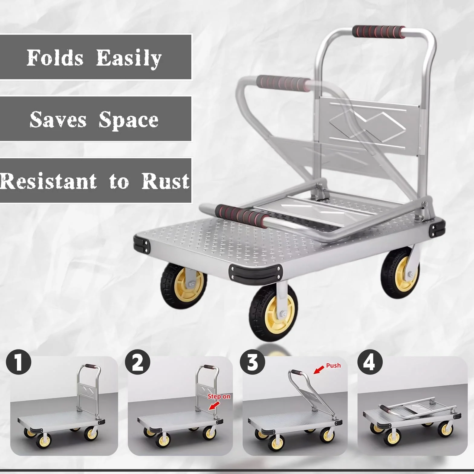 500kg Carro de Plataforma Resistente, Plataforma Rodante de Acero, Carretilla de Mano Plegable con Plataforma de Trabajo de 90x60 cm para Carga y Almacenamiento