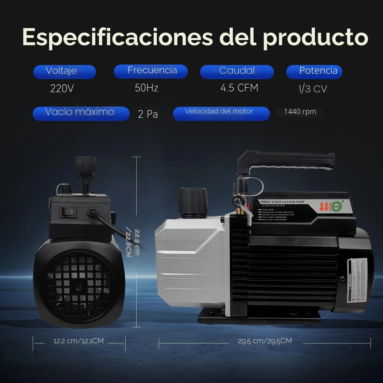 BACOENG 4,5CFM Bomba de Vacío, 1/3 HP Bomba de Vacío para Aire Acondicionado 1440r/min para HVAC AC Refrigerante Aire Herramienta