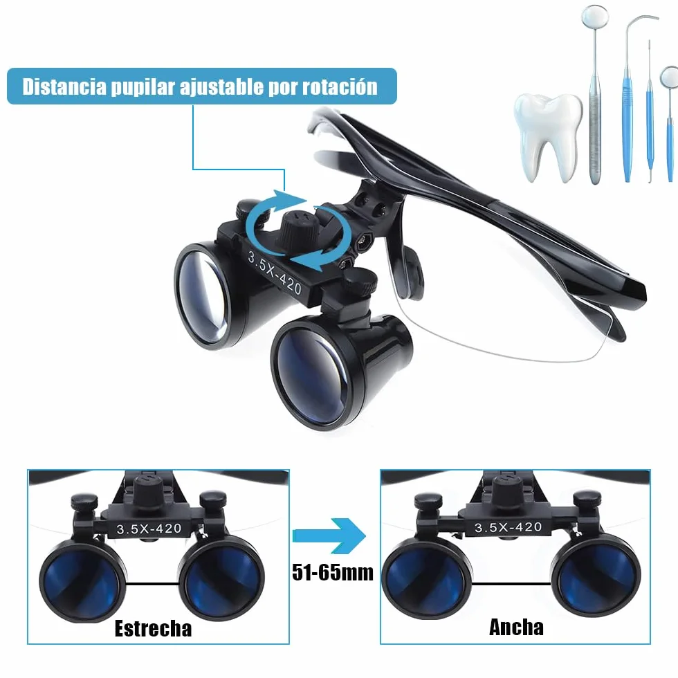 Lupas Dentales con Luz LED 3.5X - Gafas Lupa Quirúrgicas Profesionales para Dentista, Lente Óptico 420mm, Estuche Aluminio Incluido