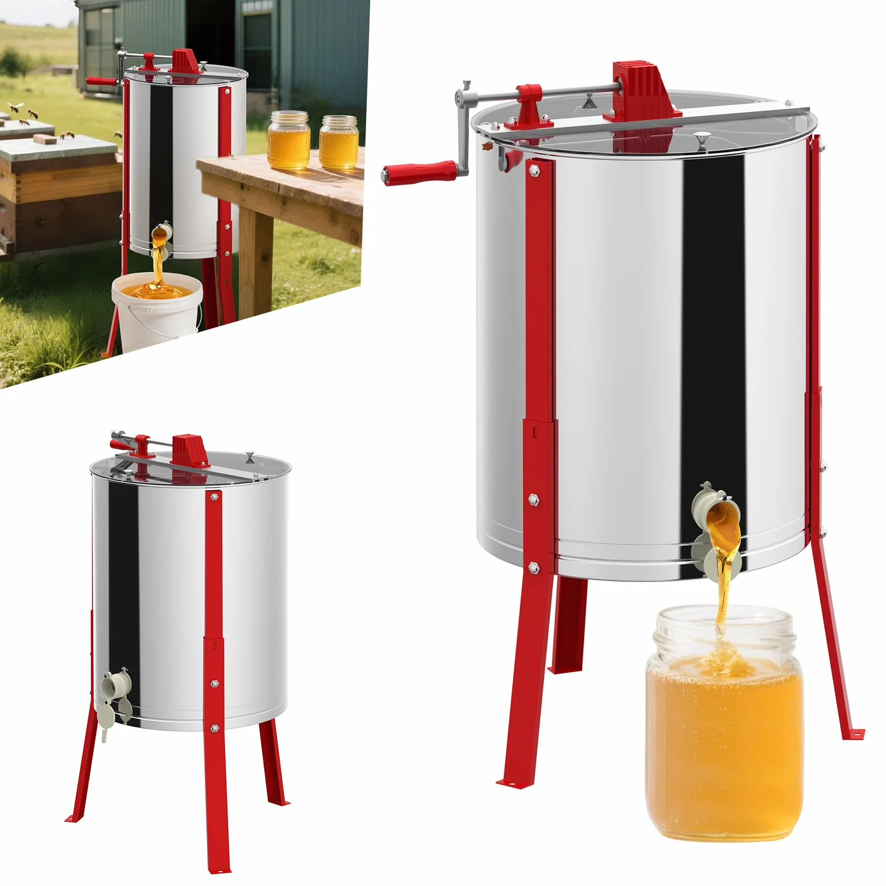 ACXIN Centrifugadora de miel de acero inoxidable, 4 panales, diámetro de 48 cm, extractor de miel manual para apicultores aficionados y profesionales, patas ajustables, 15-20 kg, capacidad de 15 – 20