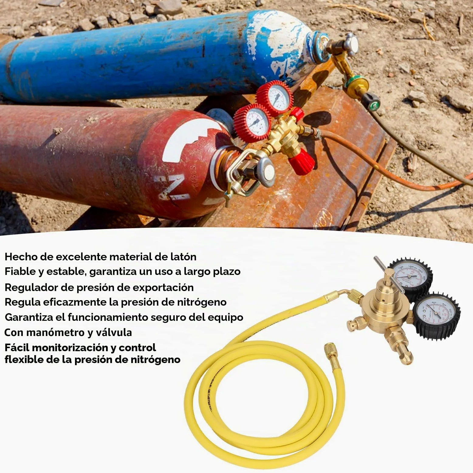 Regulador de Nitrógeno con Manguera, Kit de Prueba de Regulador de Manómetro de Nitrógeno Conexión de Salida de Entrada de Latón con Manguera de 200 Cm