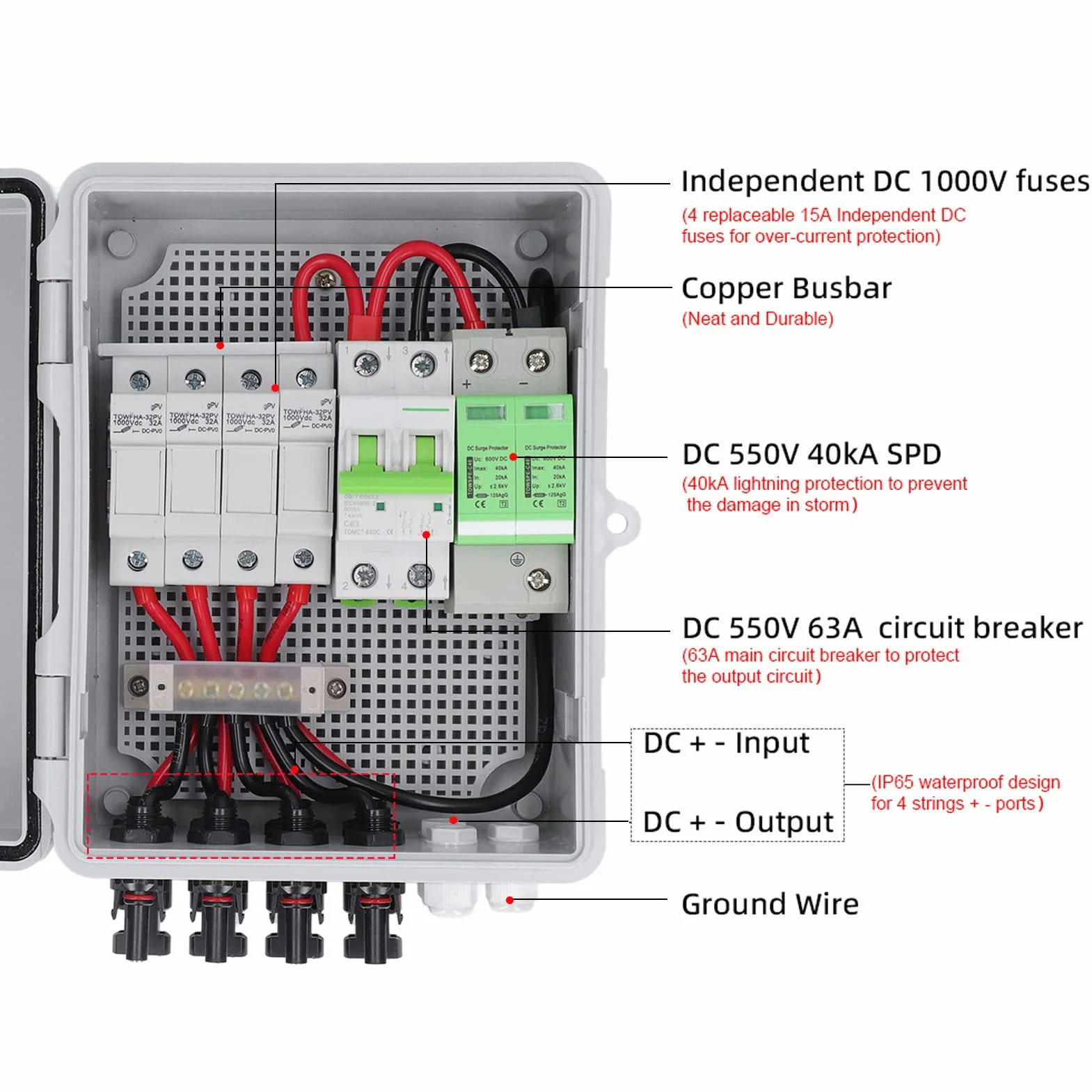 Caja Combinadora Fotovoltaica de 4 Cuerdas con Fusible de Corriente Nominal de 15 A y Disyuntor Solar de CC de 63 A, Caja Combinadora Solar A Prueba de Agua IP65 Pararrayos para Sistema de Panel