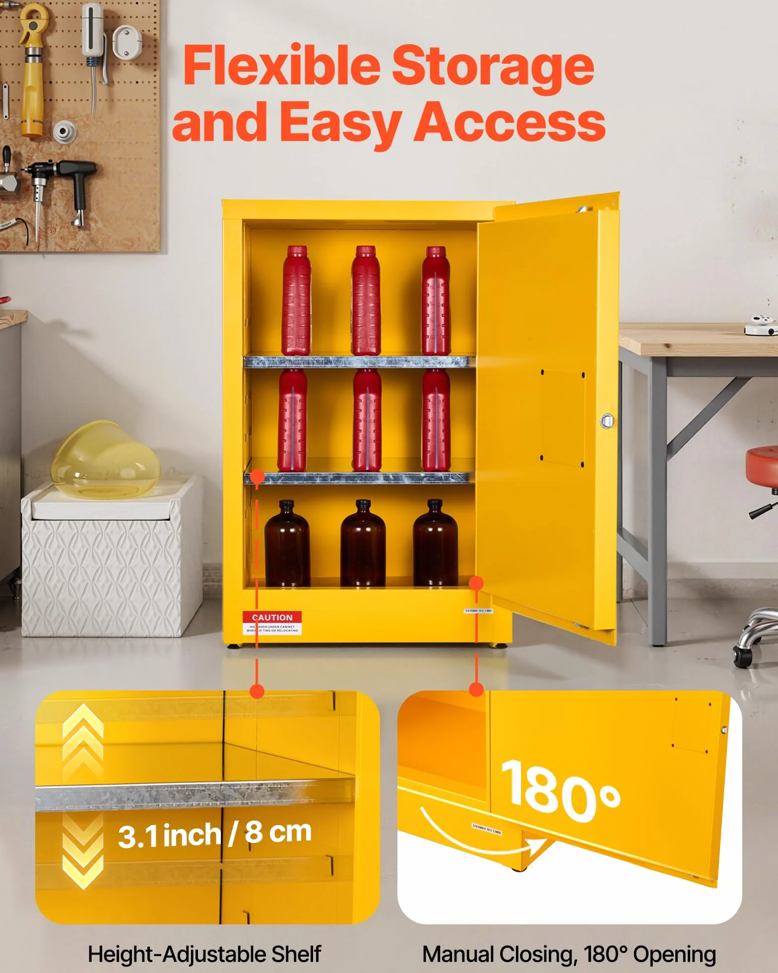 VEVOR Gabinete para Materiales Inflamables, Gabinete Ignífugo 59 x 46 x 90 cm de 49,21 L de Acero Laminado en Frío y Galvanizado con Estante Ajustable para Uso Comercial/Doméstico, Amarillo