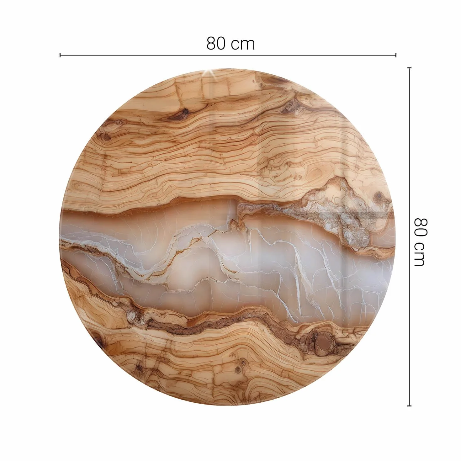 Tablero De Cristal Redondo para Mesa Ø 80 cm | Placa De Seguridad | Topes Antideslizantes | Instalación Rápida | Bordes Pulidos | para Salón y Comedor | Diseño Moderno - Madera Natural con Resina