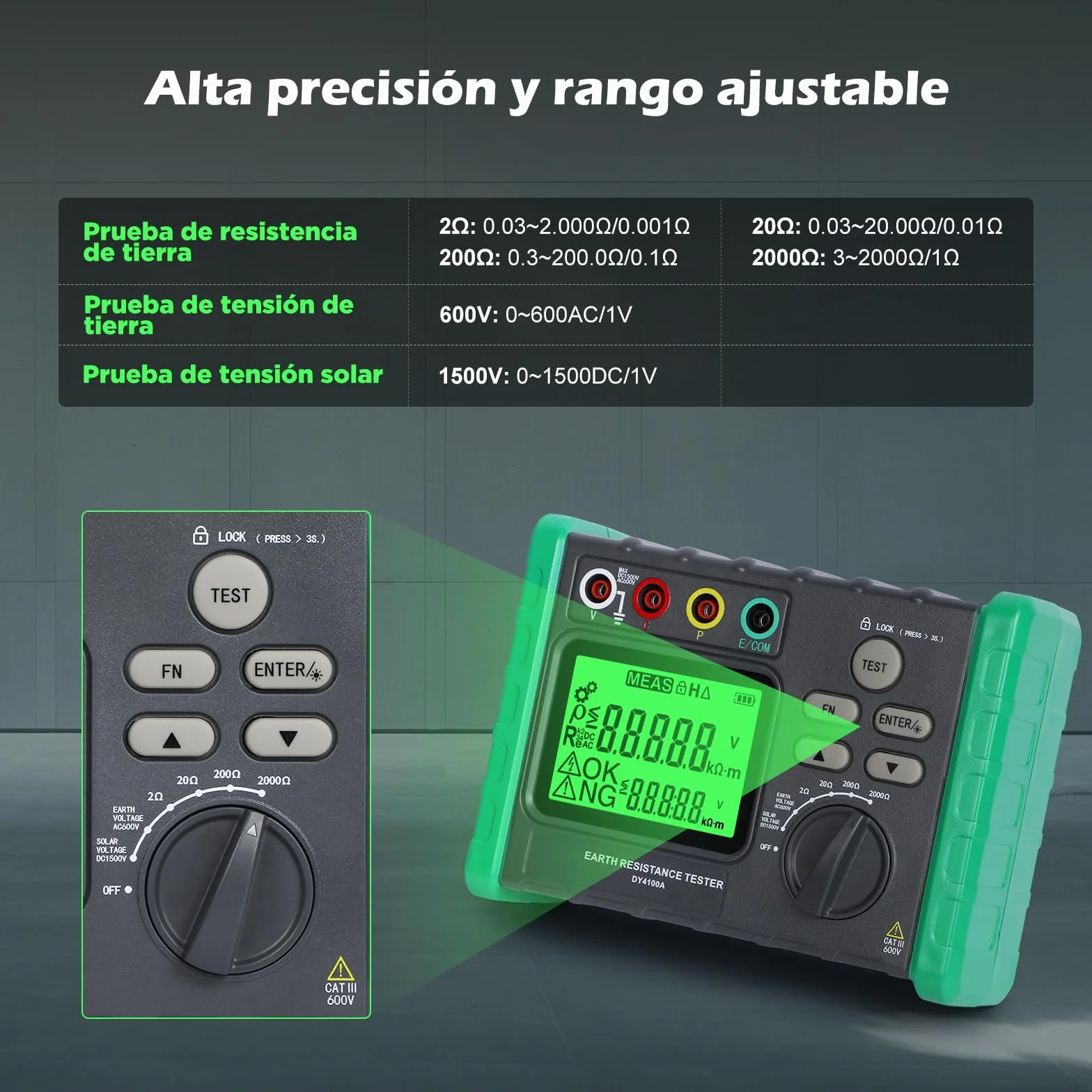 DY4100A Probador de Resistencia de Tierra, 0~2000 Ω Ajustable Medidor de Resistencia a la Tierra 0~600 V Megóhmetro Instrumento de tierra con LCD Pantalla, Probador de Tensión Solar