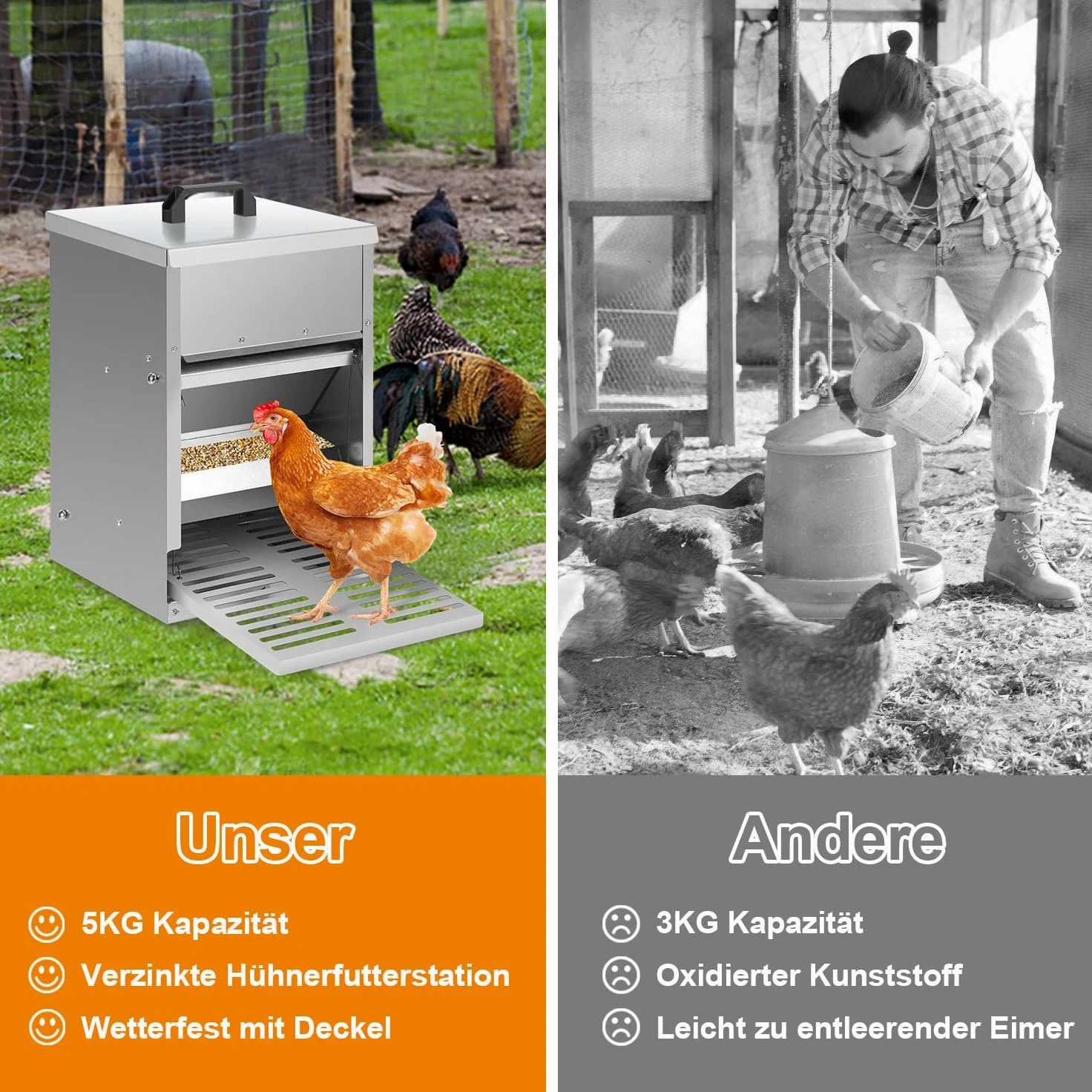 Comedero automático para pollos con placa de estribo, tapa, 5 kg, galvanizado, resistente al agua, comedero para pollos, 3 comederos a prueba de ratas, comedero automático para gallinas