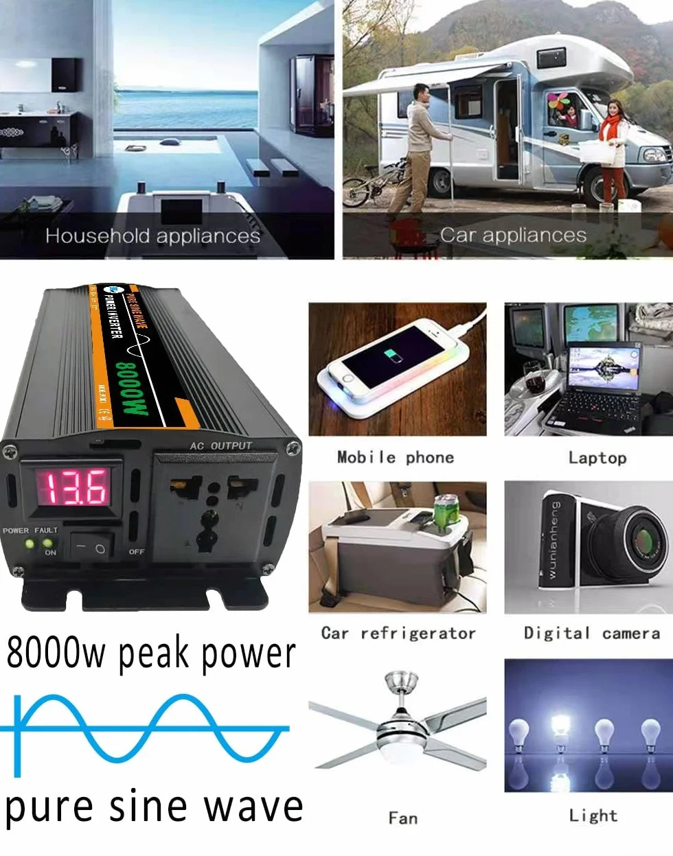 Inversor de corriente de onda sinusoidal pura de 8000 W CC 12 V o 24 V a CA 220 V para panel solar, para el hogar, actividades al aire libre, caravanas o camping (24 V y 220 V)