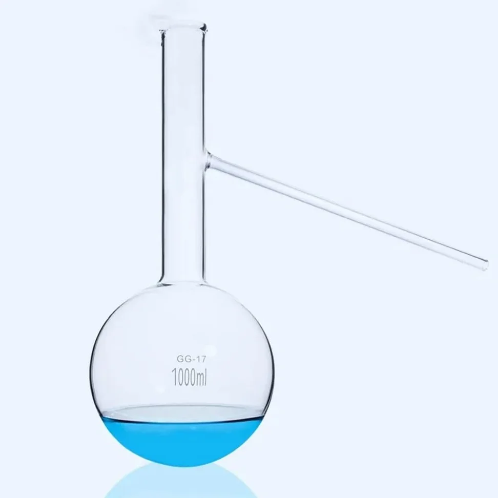 Cristalería de Laboratorio Matraz de destilación de vidrio de borosilicato corto de 60 ml a 1000 ml con tubo lateral, lote de 1 unidad.(1000ml)