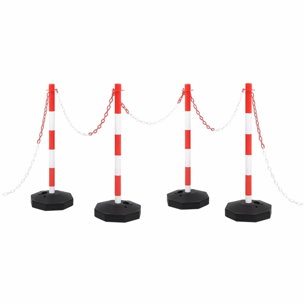 Juego de postes de cadena con cadena de plástico de 10 m, 4 postes de polietileno de 90 cm de alto, barrera reflectante para aparcamiento, carreteras, obras de construcción, terrenos de