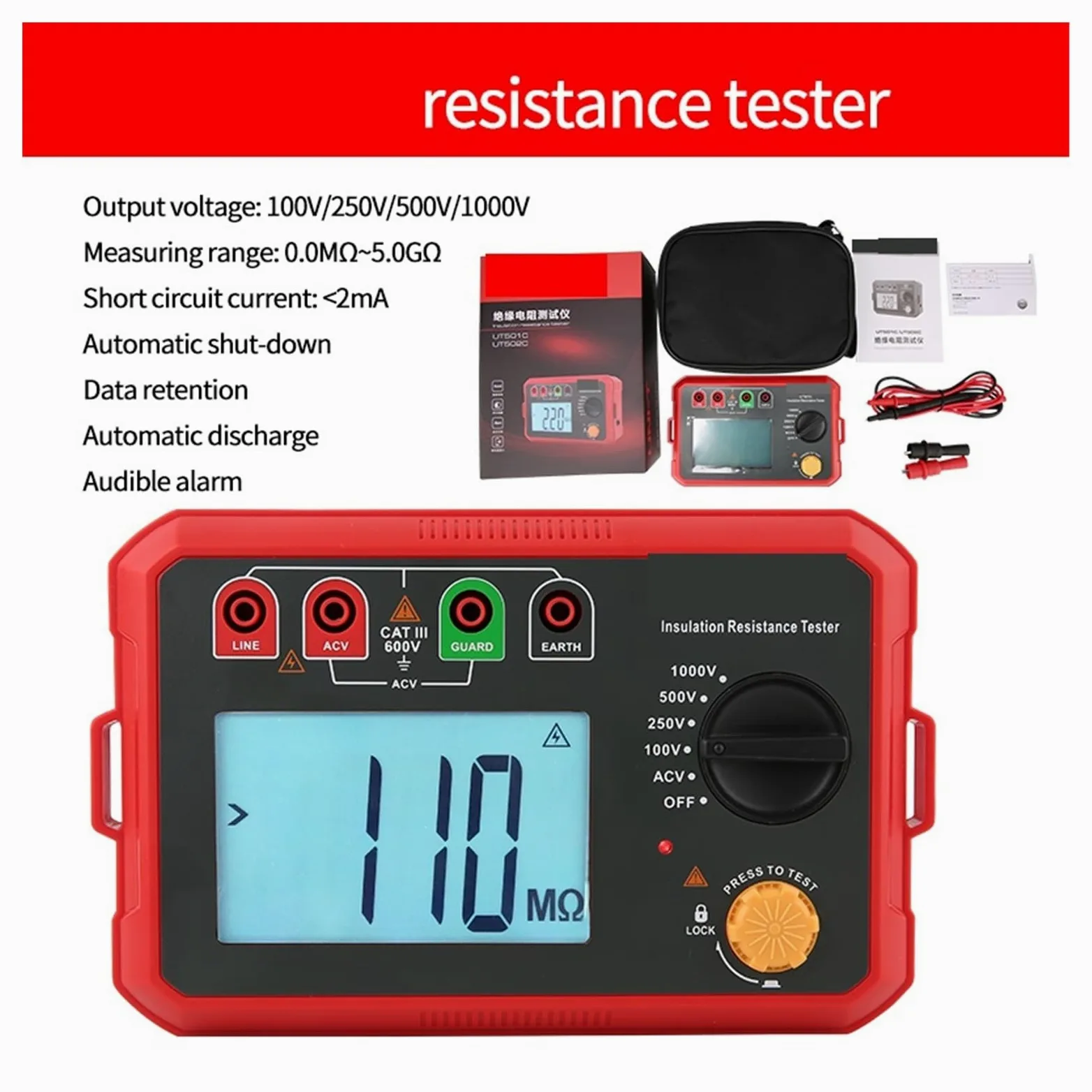 Probador de resistencia aislamiento tierra Digital Megger 1000V 2500V medidor ohmios profesional,Medición de precisión