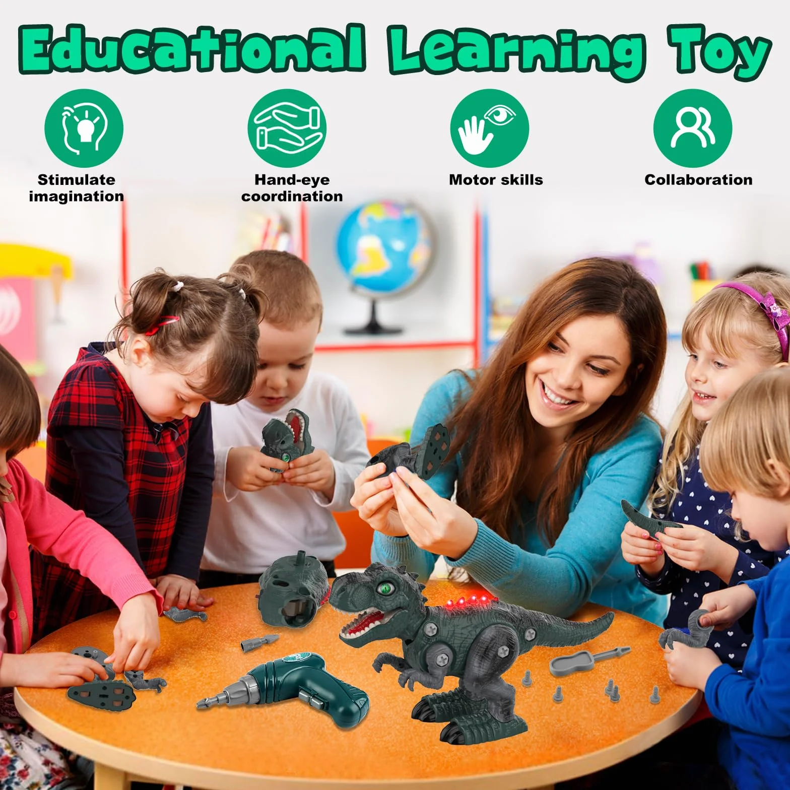 Buoeuik Dinosaurio Control remoto Taladro eléctrico DIY Construcción RC Dino Robot con sonido y luz Juguete educativo 3-8 años
