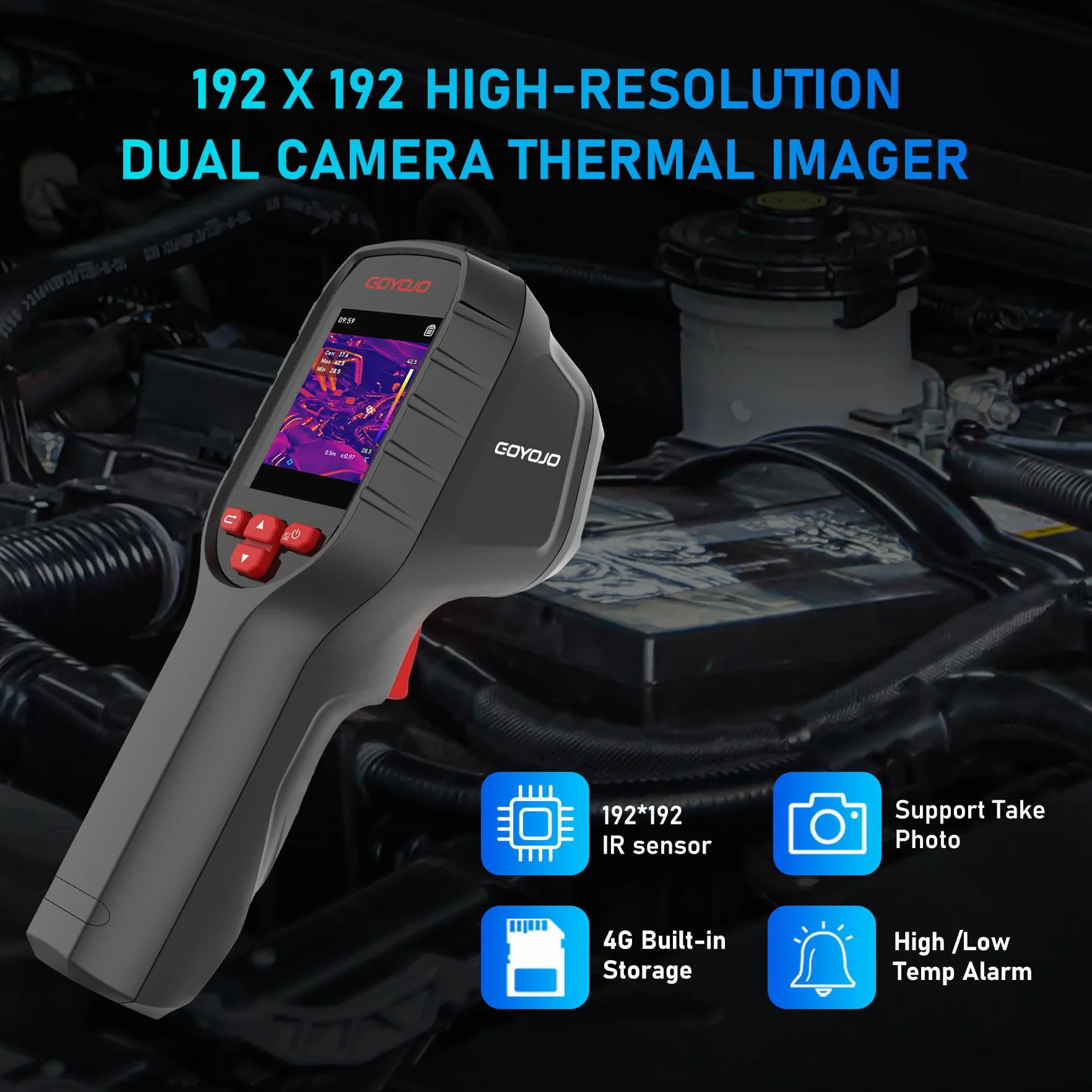 GOYOJO Cámara Térmica de 192 x 192 con Resolución IR, Cámara Infrarroja de Mano, Imagen Térmica de 25 Hz, Velocidad de Actualización de 25 Hz, Cámara Térmica Compacta de Mano con Puntero Láser