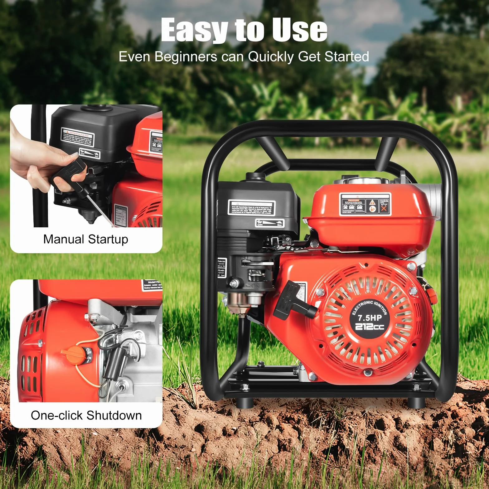 OUKANING Bomba de agua de gasolina 7,5 HP, altura de extracción de 30 m, conexión de 2 a 3 pulgadas, motor de bomba de jardín de 4 tiempos, portátil para riego, drenaje, agricultura y bomberos (tipo B