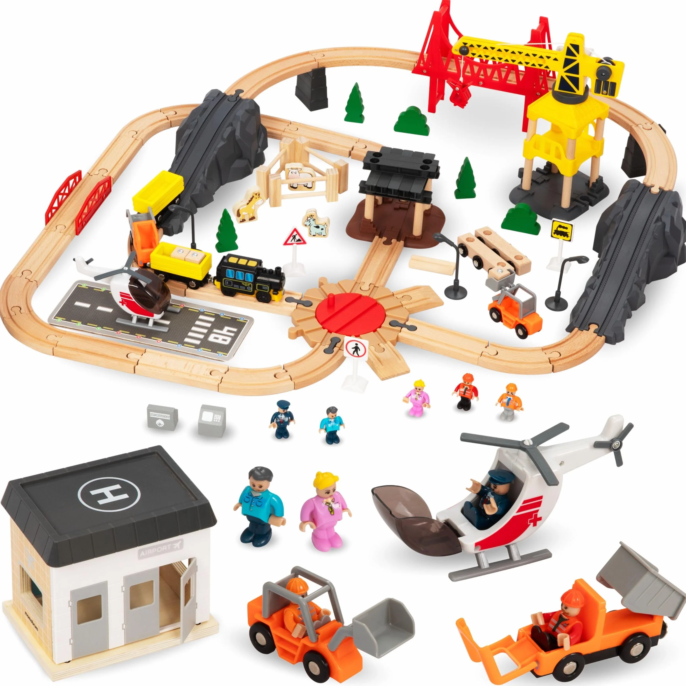 Mamabrum Tren Eléctrico de Madera Set Ciudad con Aeropuerto Grúa Giratoria Pista Compatible Lego Duplo Juguete Educativo