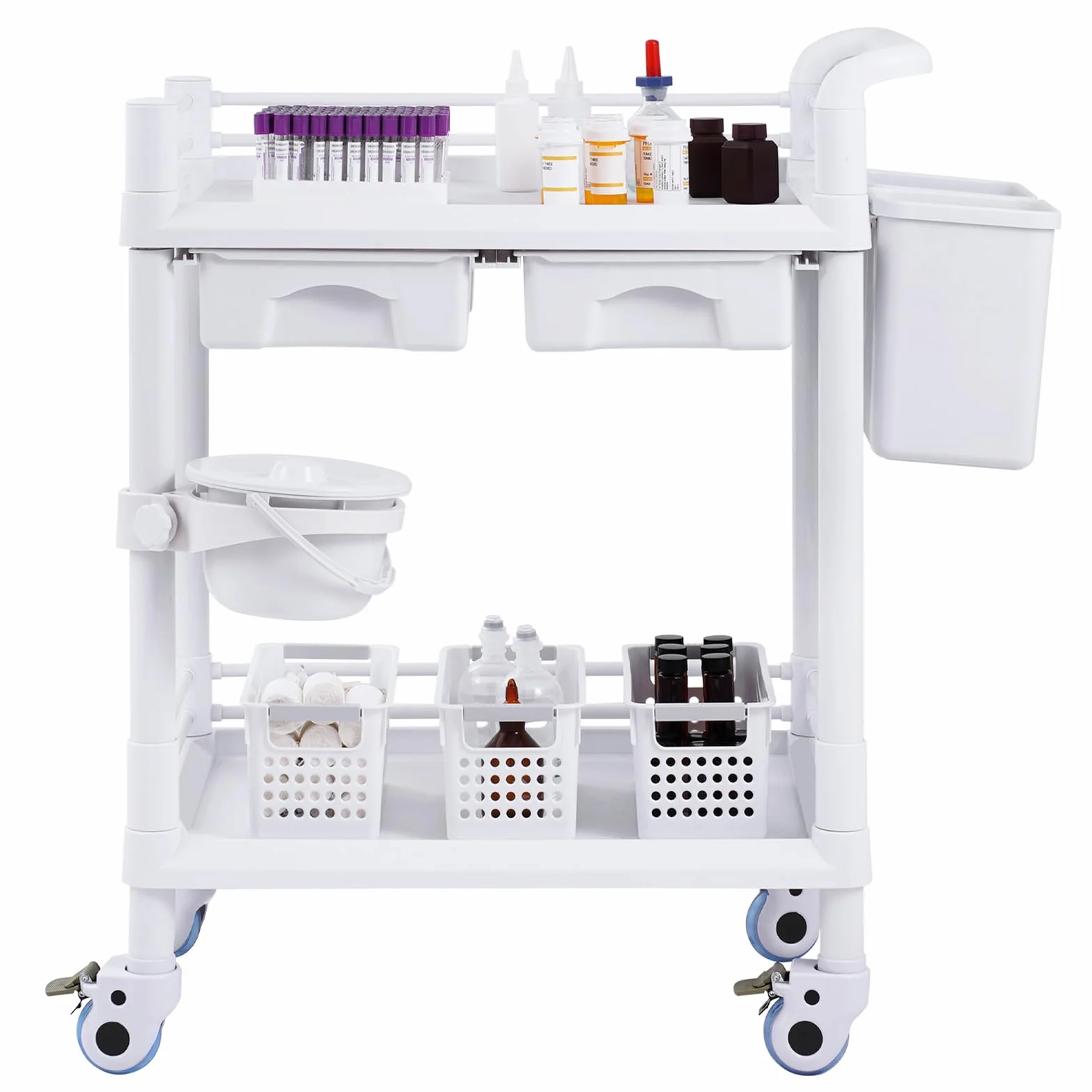 VEVOR Carro Médico 2 Niveles con 2 Bandejas 4 Ruedas Silenciosas Material PP 3 Botes de Basura Blanco