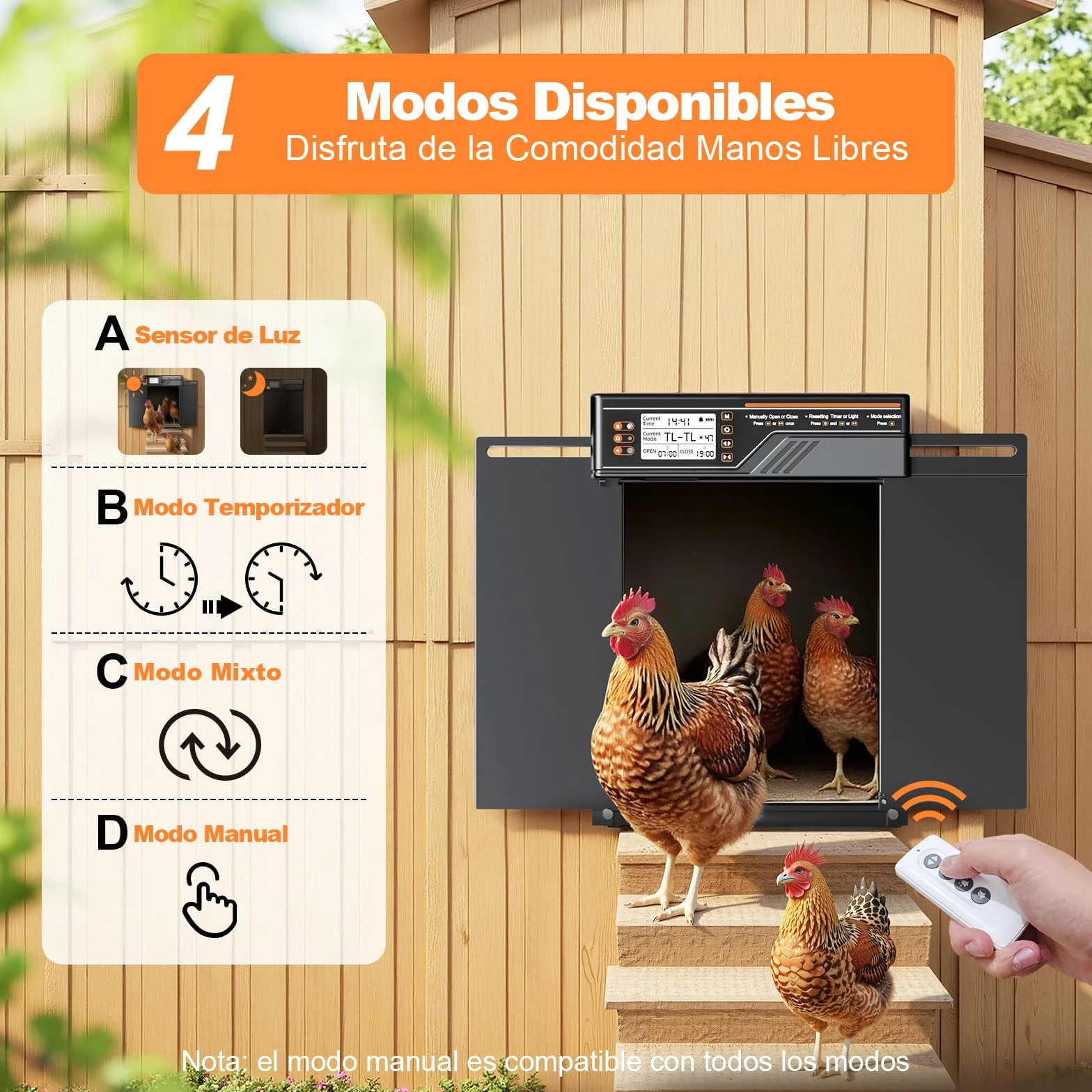 Puerta Automática Grande para Gallinero con Panel Solar de 7W, Puerta Gallinero de Aleación de Aluminio con 4 Modos, Temporizador y Sensor de Luz, Pantalla LCD de Gran Tamaño, con Mando a Distancia