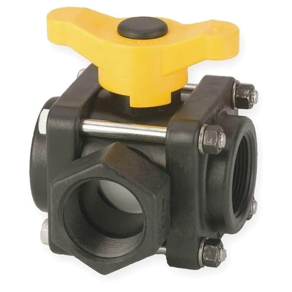 Banjo V150SL - Válvula de bolas de polipropileno de carga lateral, 3 piezas, 3 vías, puerto completo, 1 1/2" NPT hembra