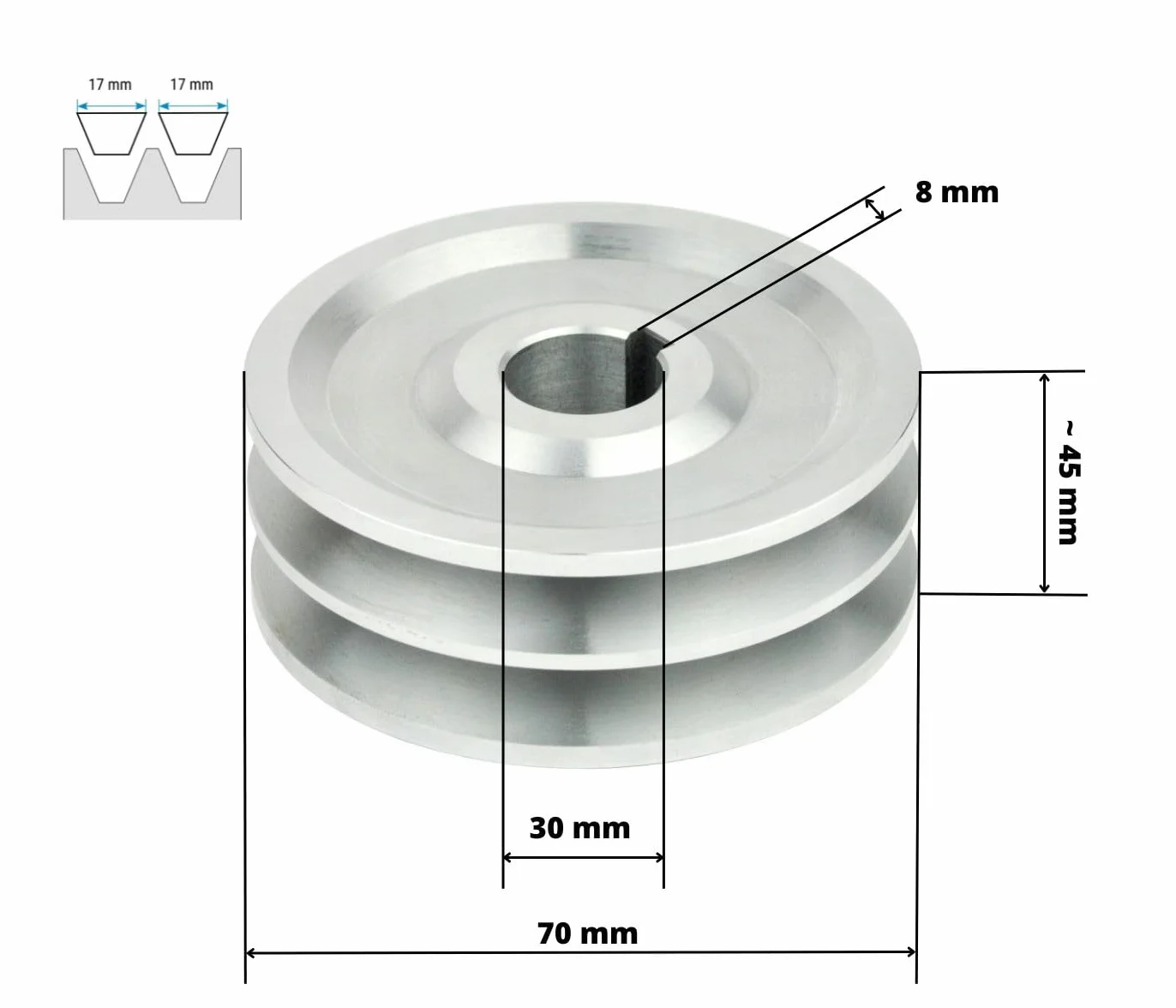 Polea trapezoidal 2 ranuras SPB 17 mm eje 30 mm 70 mm
