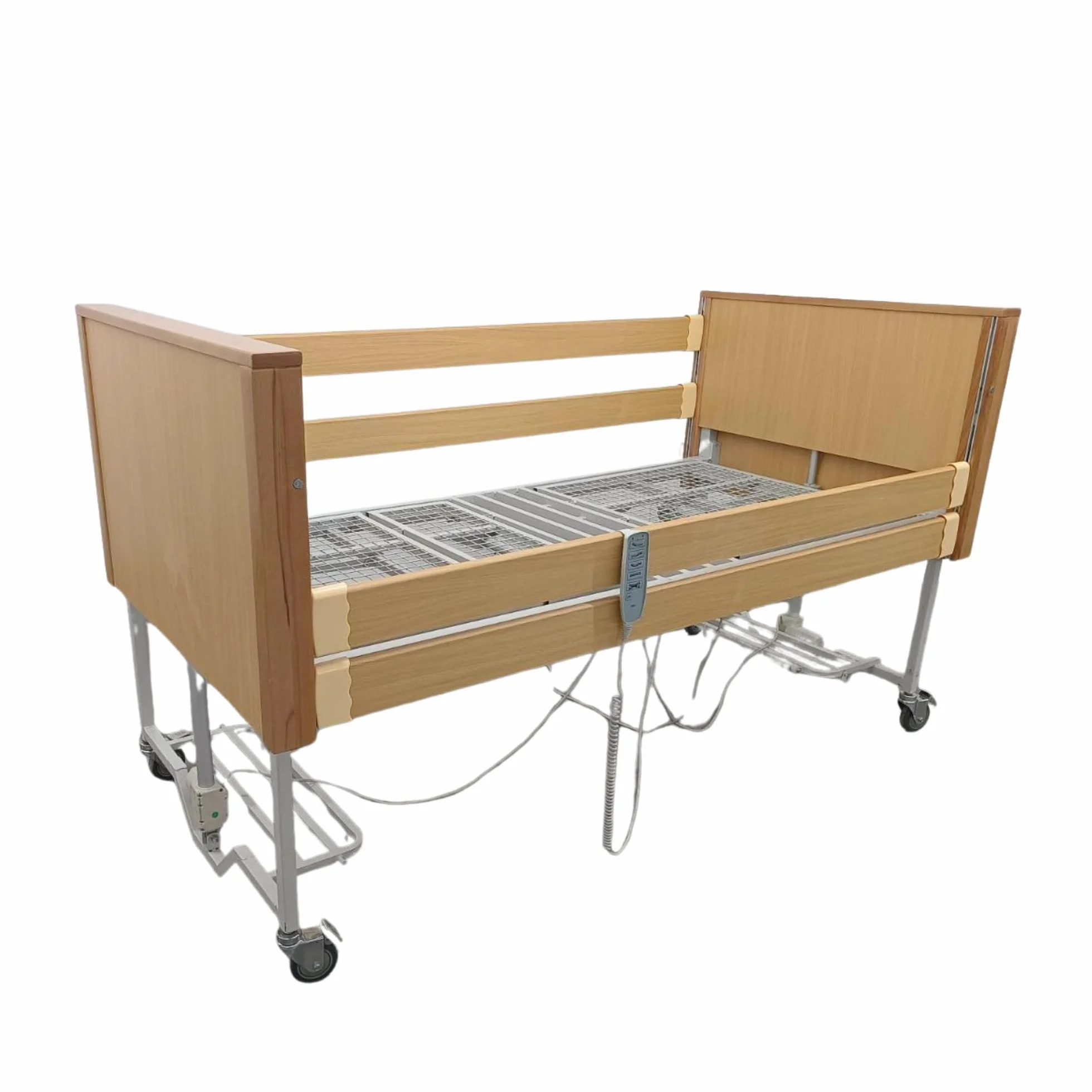Cama de hospital eléctrica con 5 funciones, de roble y acero, 4 motores, 5 funciones con laterales – Incluye colchón ortopédico, movimiento Trendelenburg/Anti-Trendelenburg – Degencia y ancianos, DM