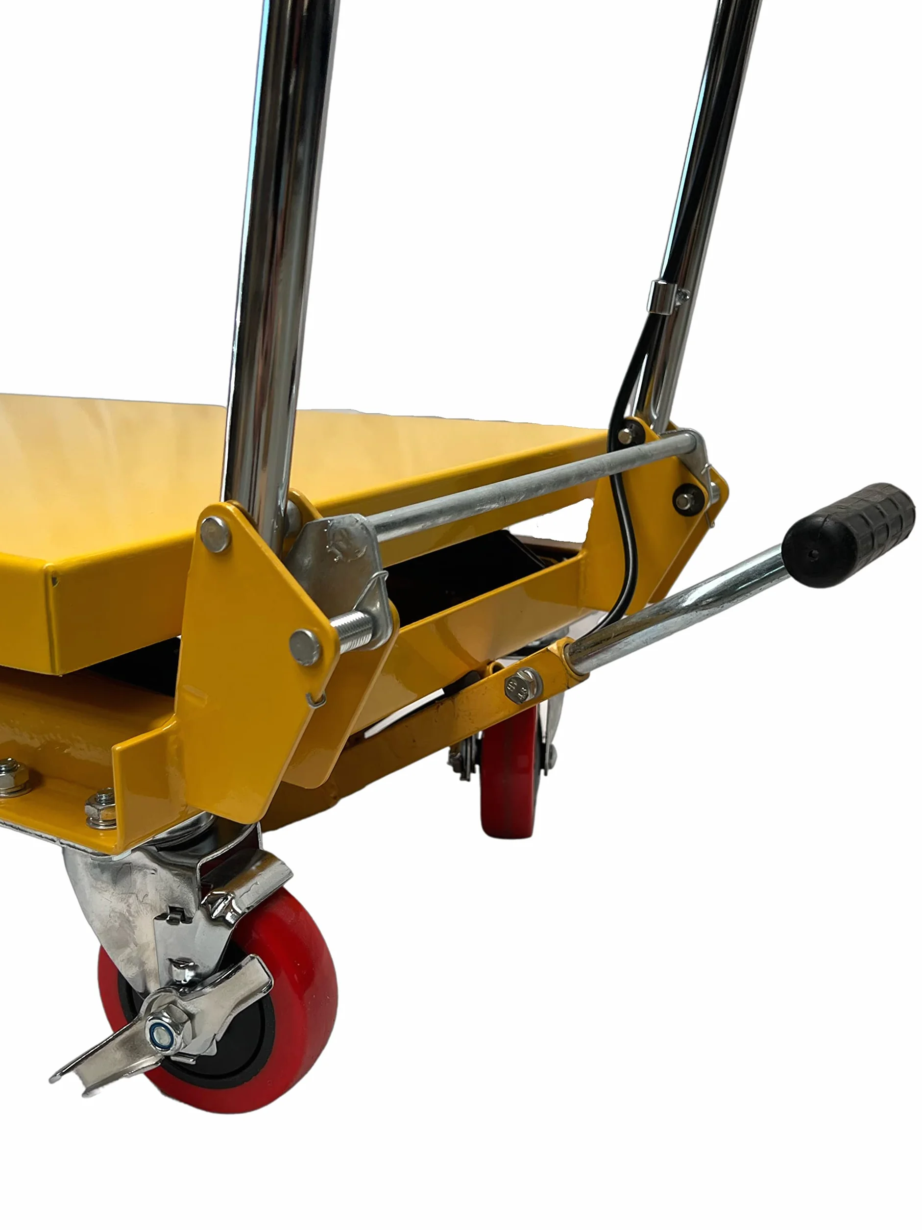 Kraftwelle Plataforma de elevación hidráulica con capacidad de carga de 150 kg, carretilla elevadora móvil con patas de tijera, carretilla de plataforma con 4 ruedas de poliamida amarillas