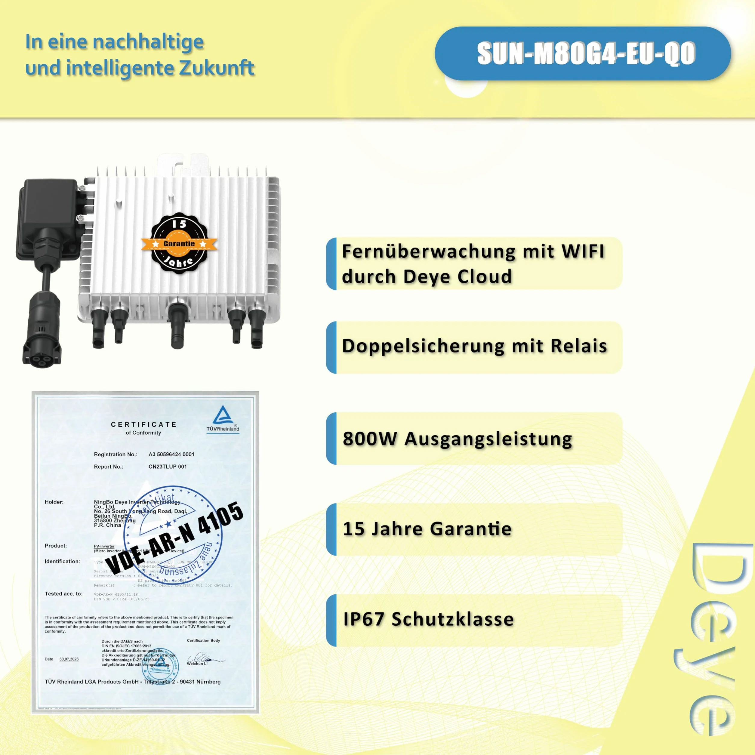 home Trends® Deye SUN-M80G4-EU-Q0 - Microinversor (800 W, 800 W, PV de nueva generación, con cable Schuko de 5 m)