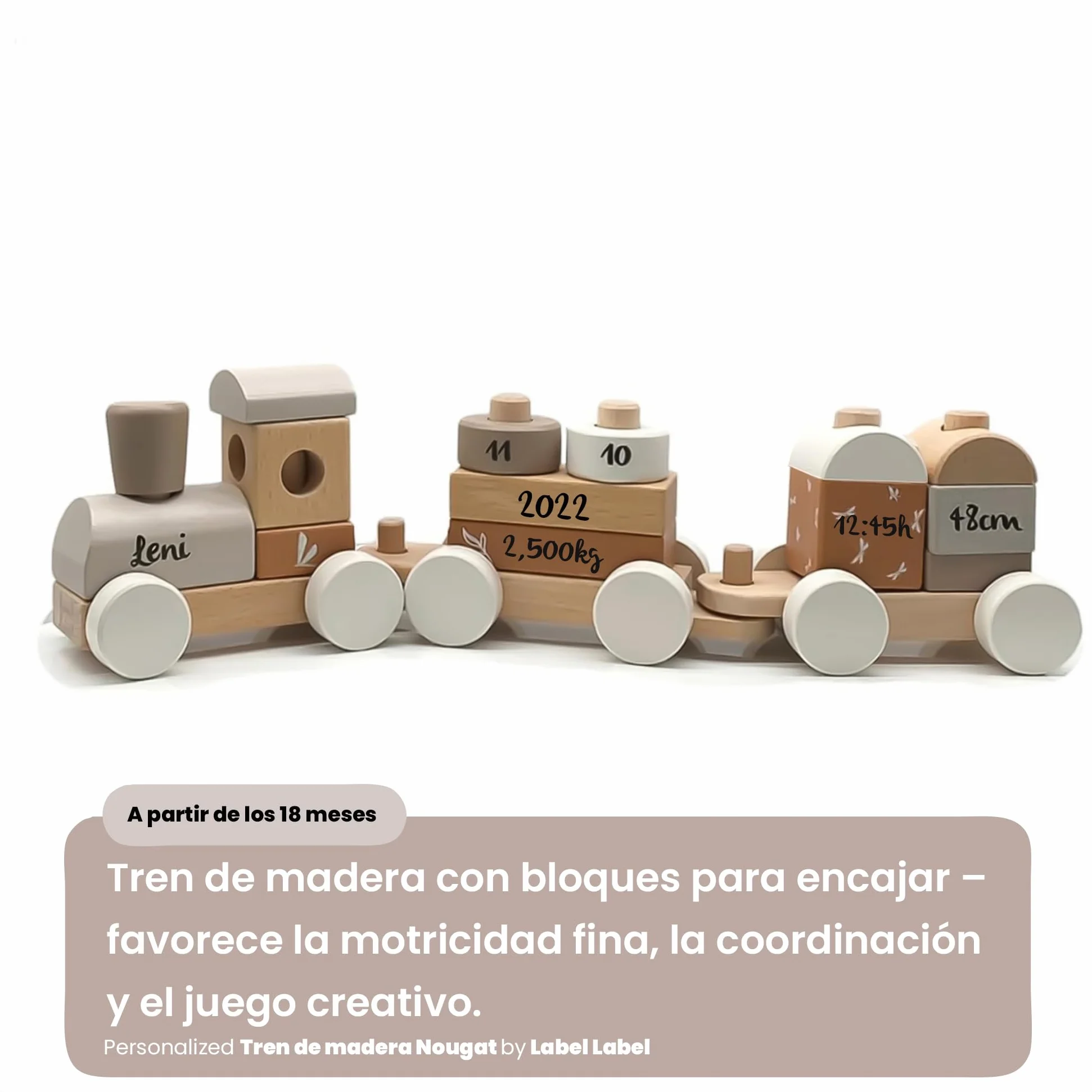 Personalizable Tren Apilable de Madera Nougat 14 Piezas Motricidad Fina Encaje de Formas 18 Meses con Nombre Label Label