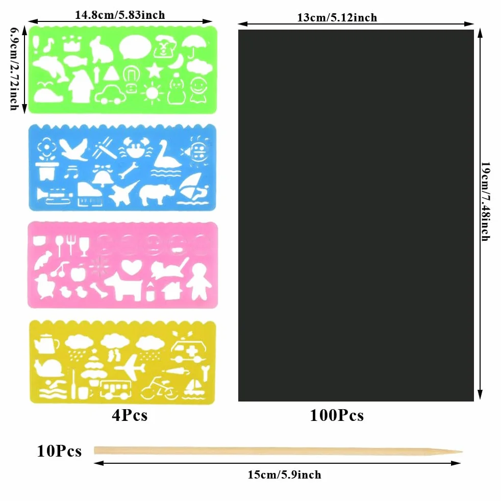 100 Hojas Dibujo Scratch Art Paper Láminas para Rascar Creativas con 4 Plantillas y 10 Lápices de Madera