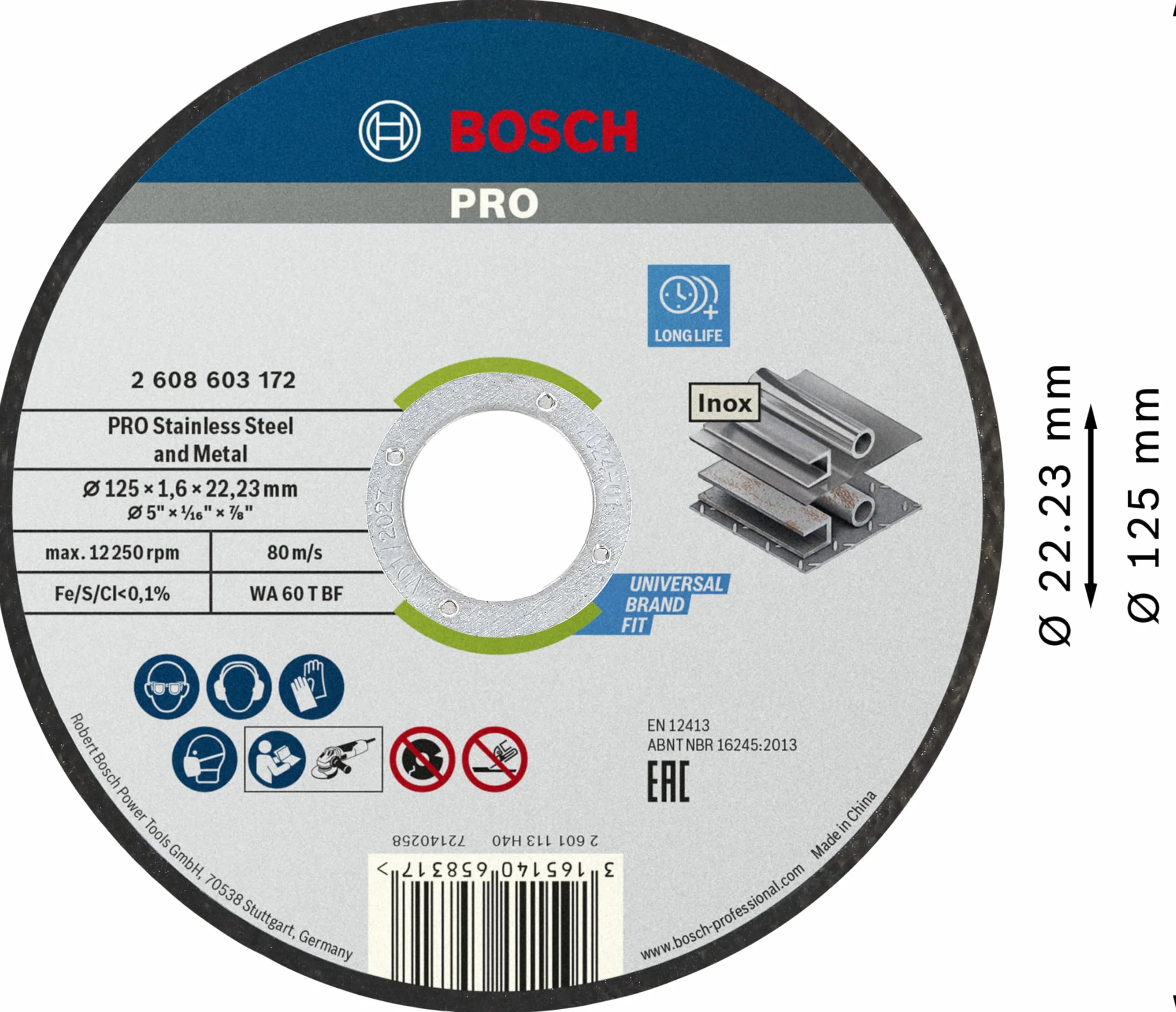 Bosch 100x Disco de corte abrasivo PRO Stainless Steel and Metal, diámetro interior de 22,23 mm (para Acero, Acero inoxidable, Ø 125 mm, Professional Accesorios Amoladora pequeña)