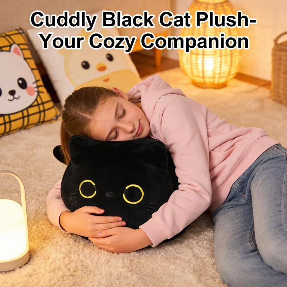 Peluche Gato Negro 25cm Almohada de Peluche Muñeca de Felpa Regalo para Amantes de Gatos