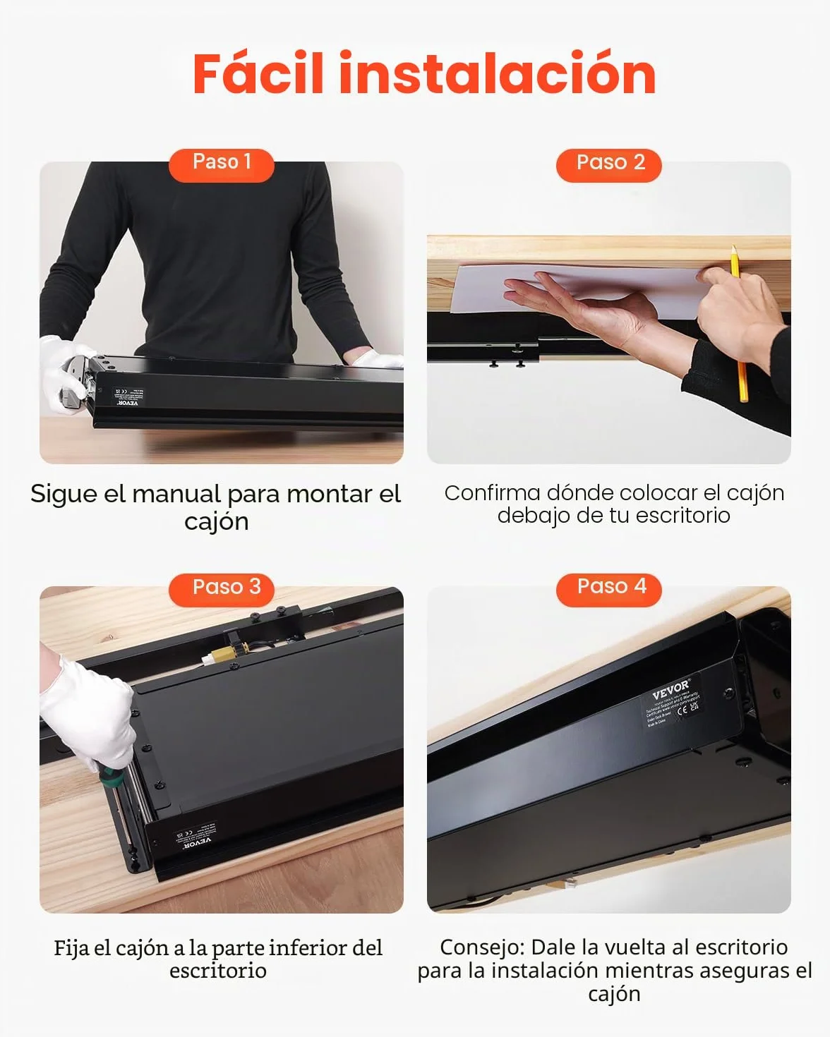 VEVOR Cajones Deslizables Debajo del Escritorio 84 cm Cajón Extraíble Montado Debajo de Mesa Organizador de Almacenamiento 840 x 240 x 107 mm
