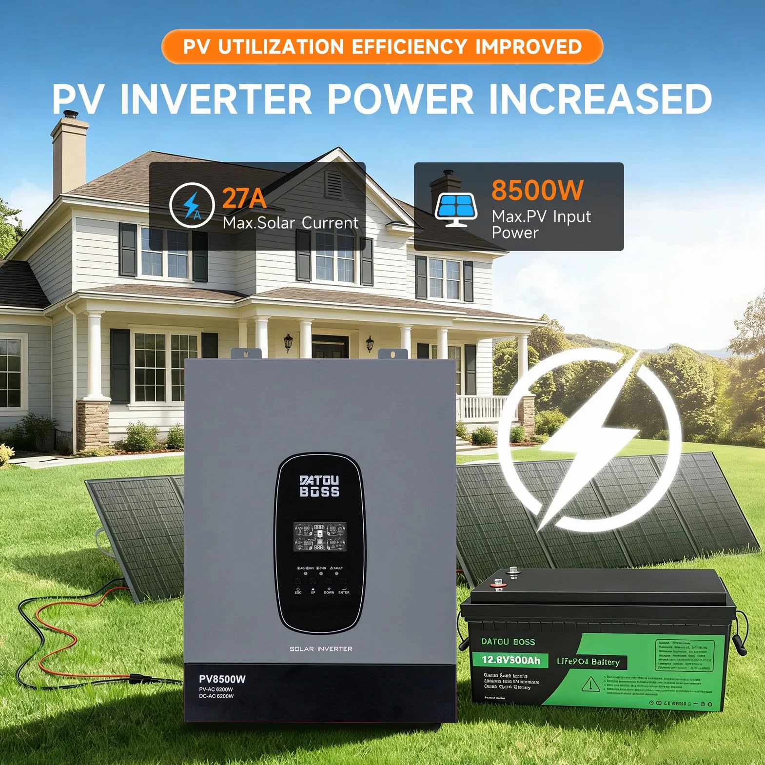 DATOUBOSS 6200W Inversor Híbrido Solar, Onda Sinusoidal Pura 48V a 230V, Controlador de Carga MPPT 120A, Uso Fuera de Red, Compatible con Baterías de Iones de Iitio, para Caravana y Sistemas Solares.