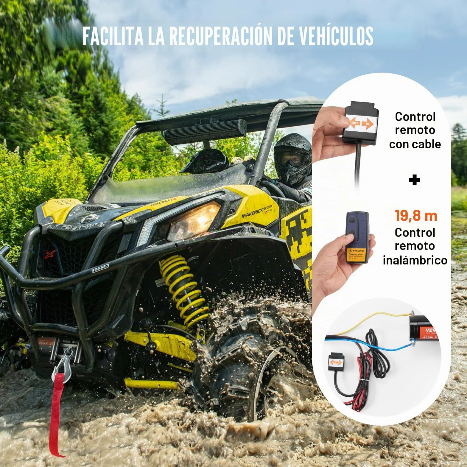 VEVOR Cabrestante eléctrico Capacidad de tracción 1814 kg 12 V CC con Cable de Acero de 7 Hilos 118,7 cm Control Remoto inalámbrico y con Cable IP55 Impermeable cabrestante para Remolque ATV UTV