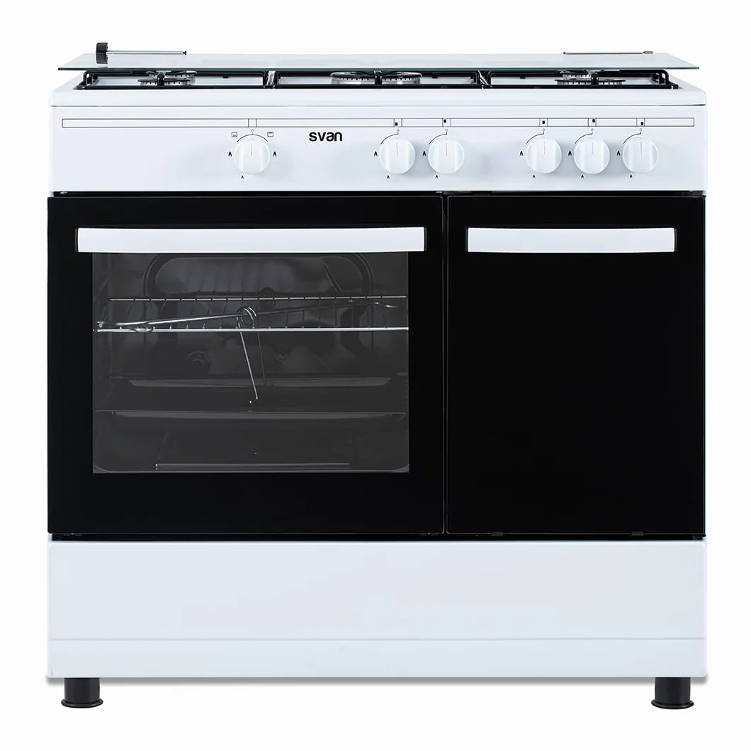 Svan Kuchenherd Gas Butano 5 Zonen, Horno 55 L, Blanco SKGW5901PB, Quemador WOK triple llama, Control Manual