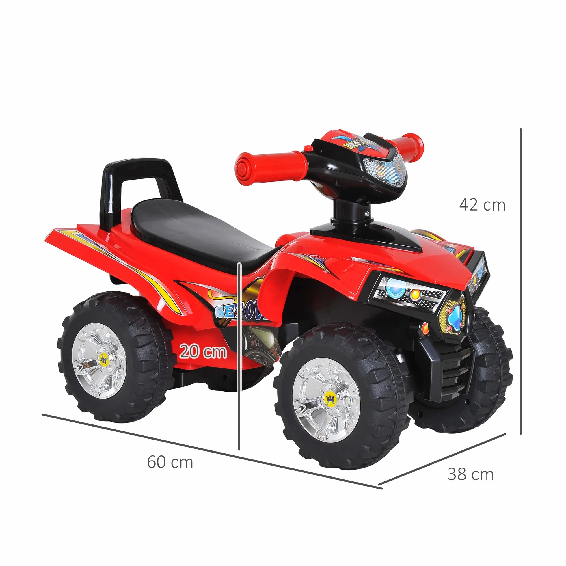 HOMCOM Quad Correpasillos Infantil Coche sin Pedales para Bebé Juguete Andador Estilo Carrera con Bocina Música Luces 60x38x42cm