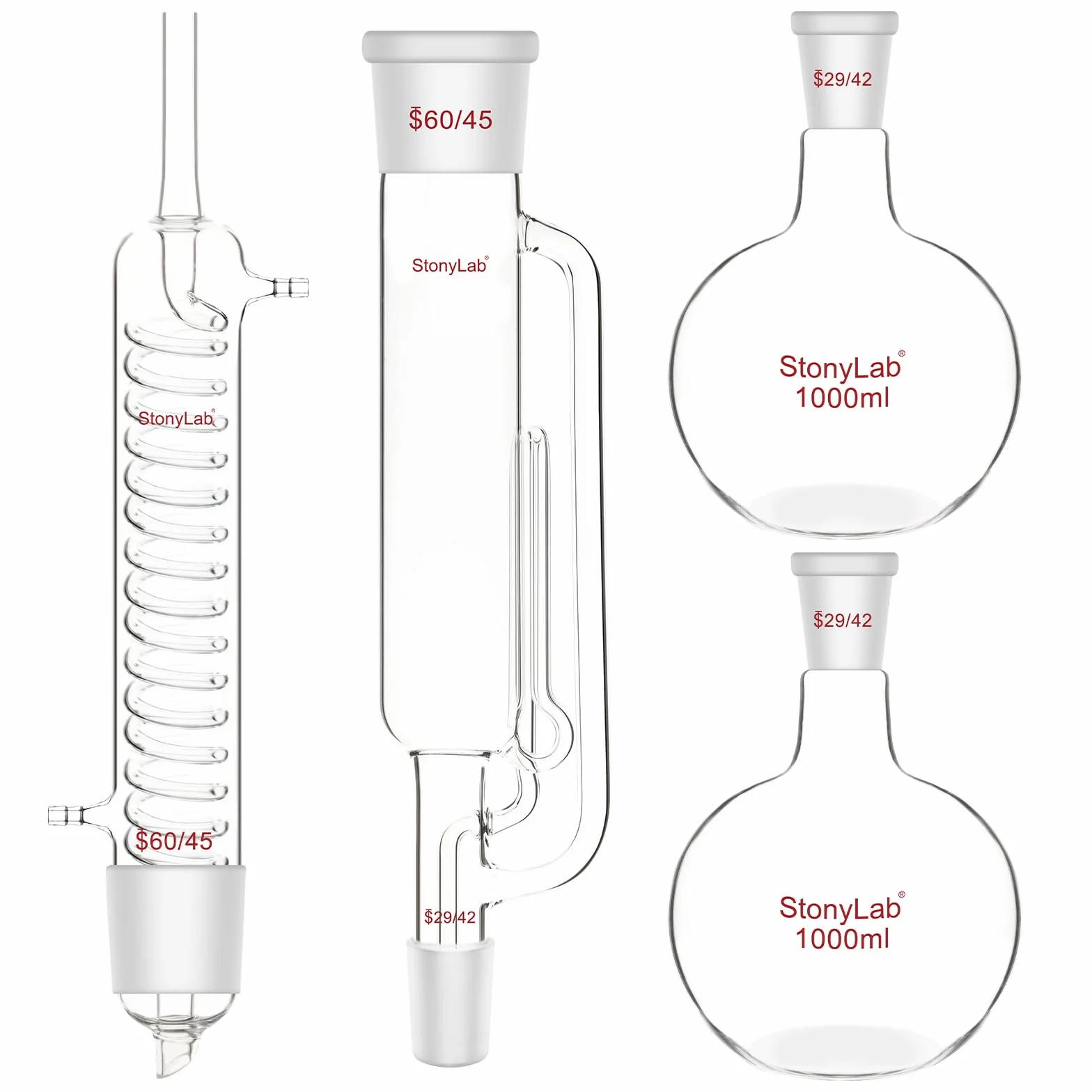 stonylab Kit de Extracción Soxhlet con Extractor Soxhlet de Vidrio de Borosilicato 60/45, Condensador Graham y Dos Matraces de Fondo Plano 29/42 de 1000 ml para Uso en Laboratorio