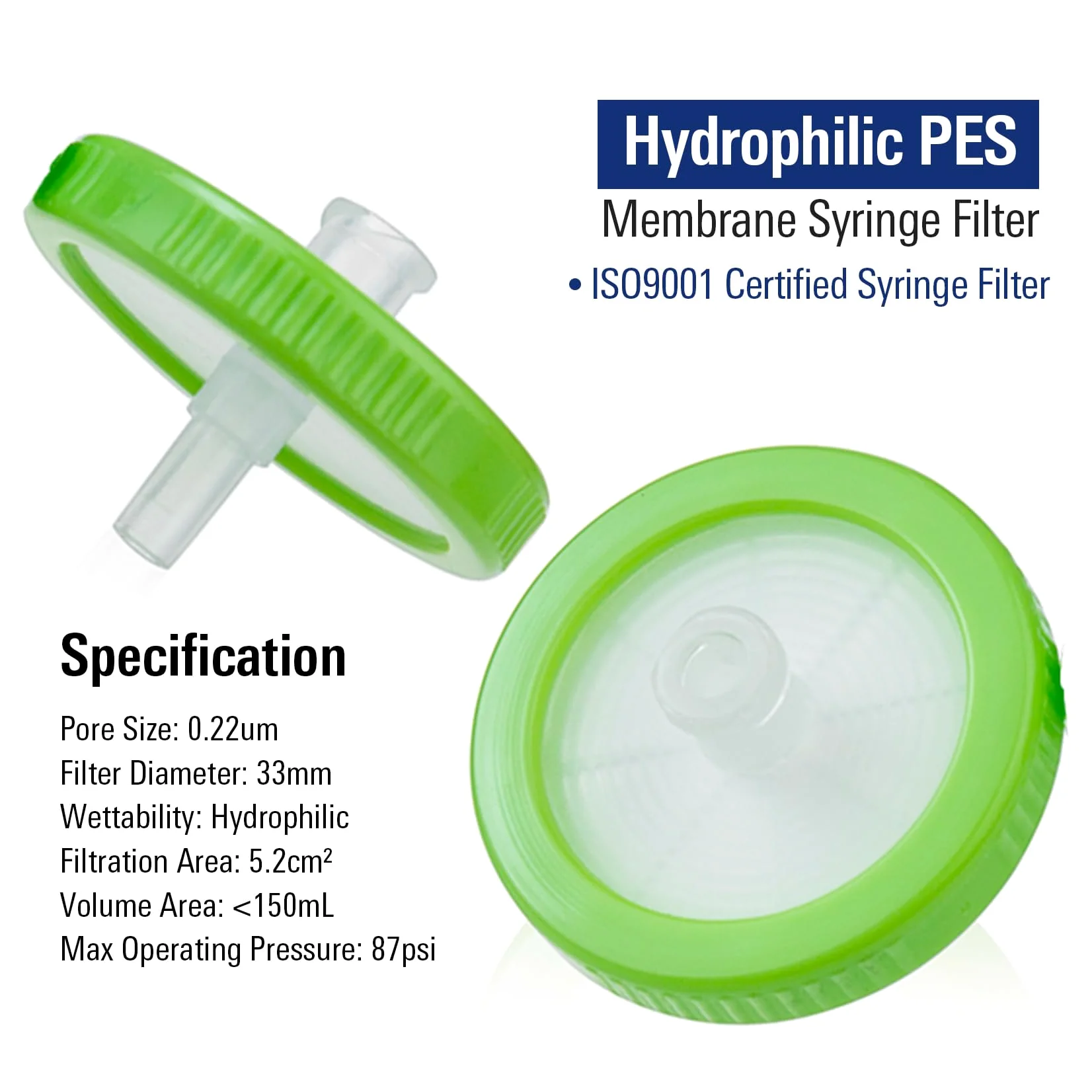 PEKYBIO Filtro de jeringa estéril PES filtrado hidrófilo 0,22 μm, tamaño de poro, 33 mm de diámetro de membrana para laboratorio, paquete de 50