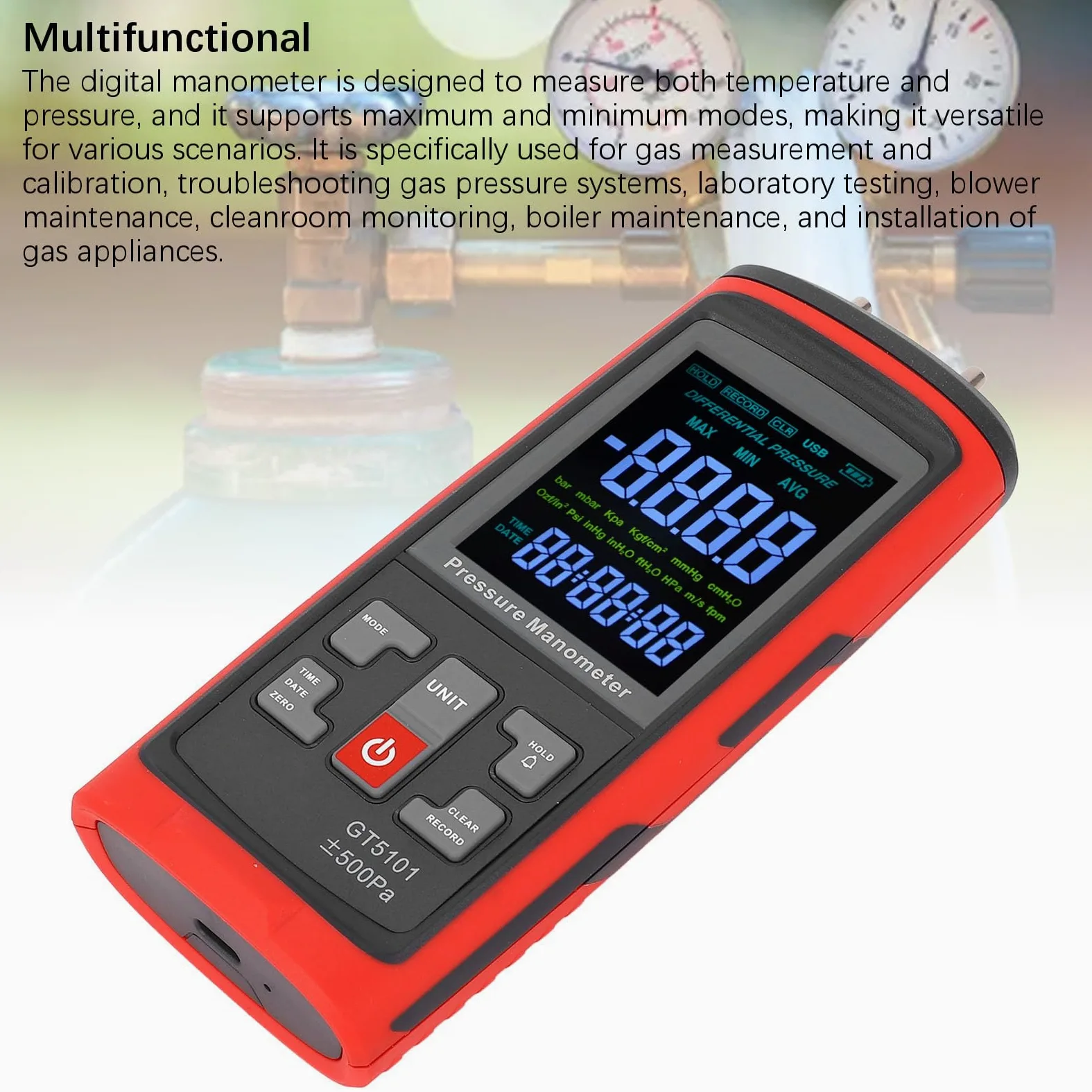 Generic Manómetro Digital Medidor de Presión Diferencial Multifuncional de Alta Resolución para Medición de Gas Pruebas de Laboratorio Material ABS