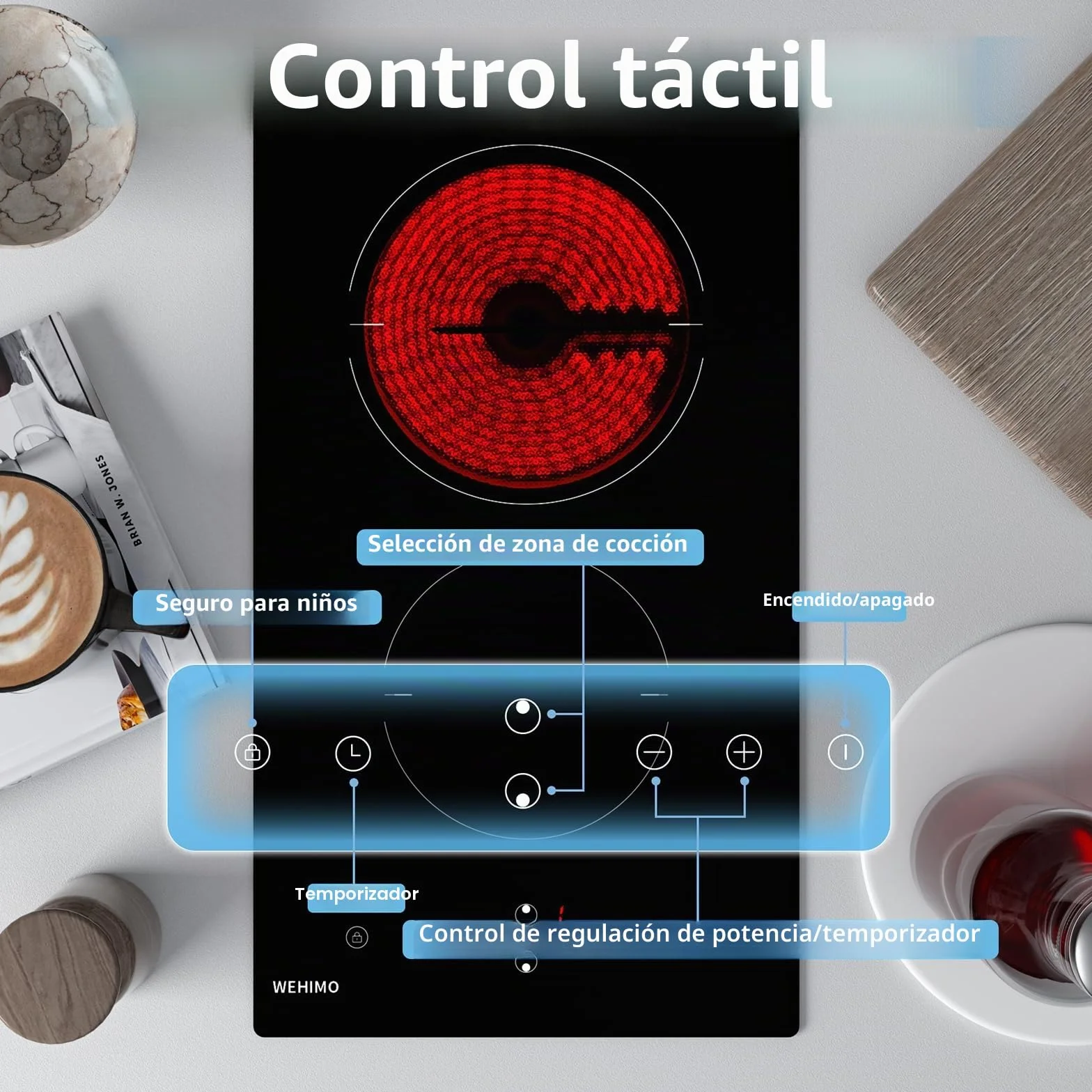 WEHIMO Placa Vitrocerámica 2 Zonas 3000W Control Táctil Seguridad Infantil Temporizador