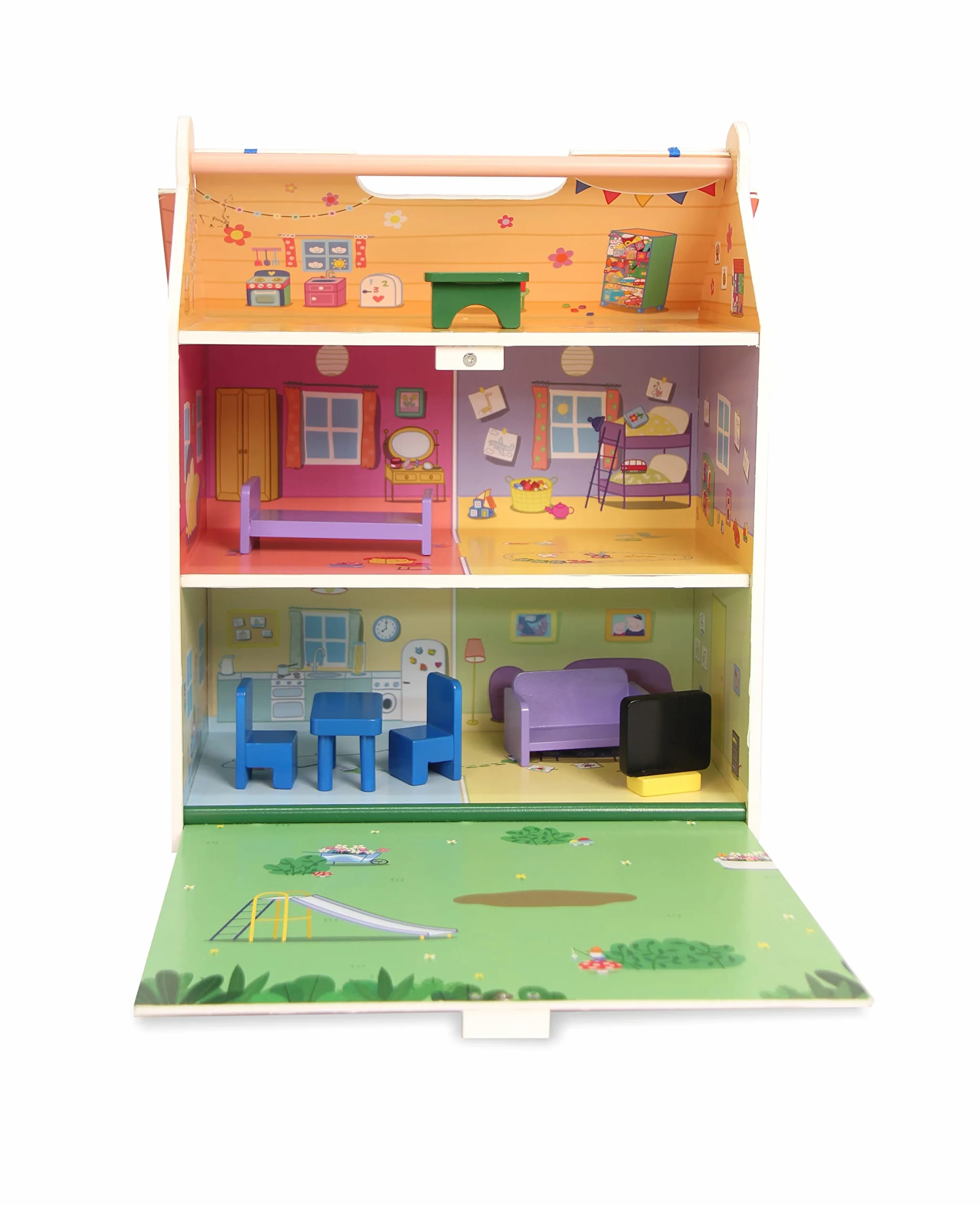 Peppa Pig Casita de Madera 2 Pisos con Buhardilla y Jardín 39x34,5x18 cm 7 Accesorios 4 Personajes