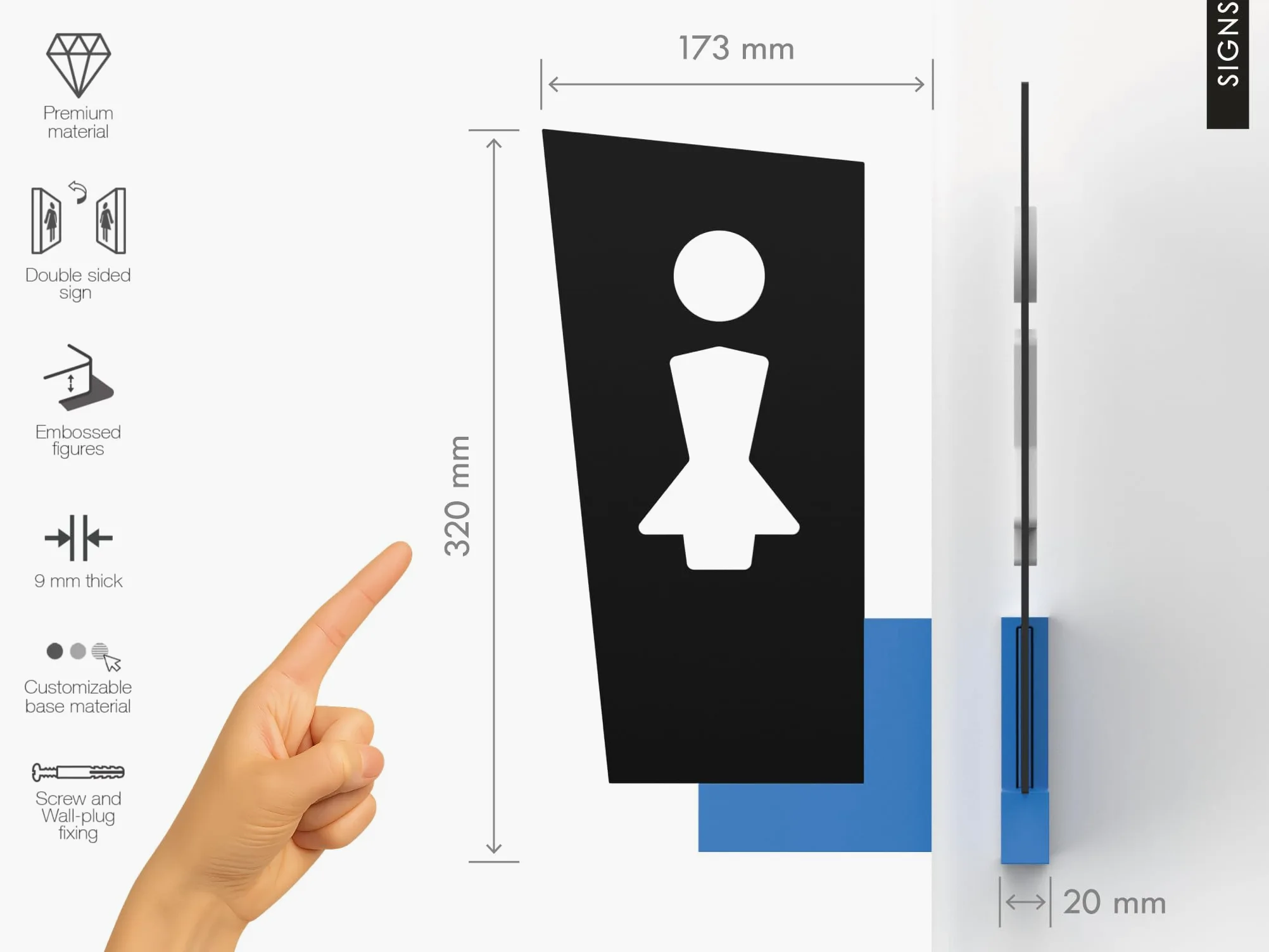 3x Carteles de Baño Personalizables – Pictogramas a Elegir – Señalética WC Hombre Mujer Discapacitados – Letrero de Pared Doble Cara con Soporte de Color y Flecha Direccional