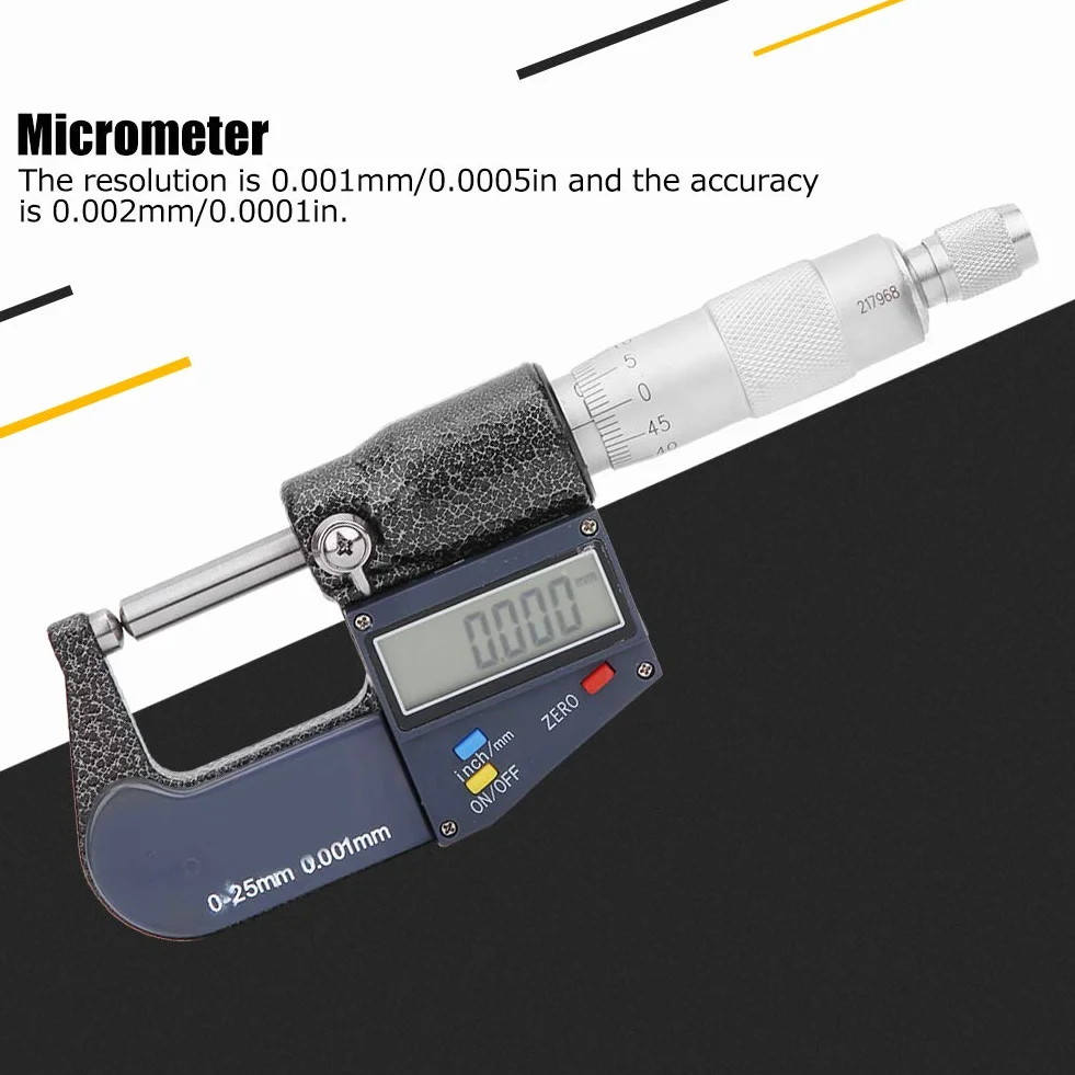 Micrómetro, Micrómetro Doble Cabeza Redonda Digital Acero Inoxidable con Llave, Rango 025mm Resolución Métrica 0.001mm/0.0005in, Micrómetros Exteriores