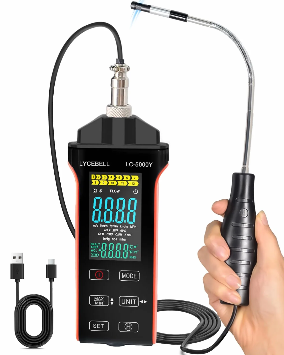 Anemómetro de Hilo Caliente LYCEBELL 5000Y 0.1-30 m/s IP54 Medidor Velocidad Aire Caudal CFM/CMM Sonda Extensible Batería USB-C